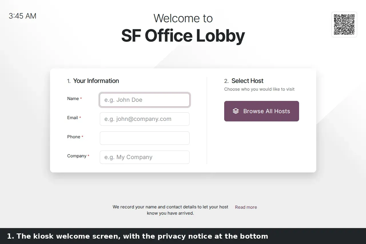Step 1: Animated visitor check-in on the Frontdesk kiosk