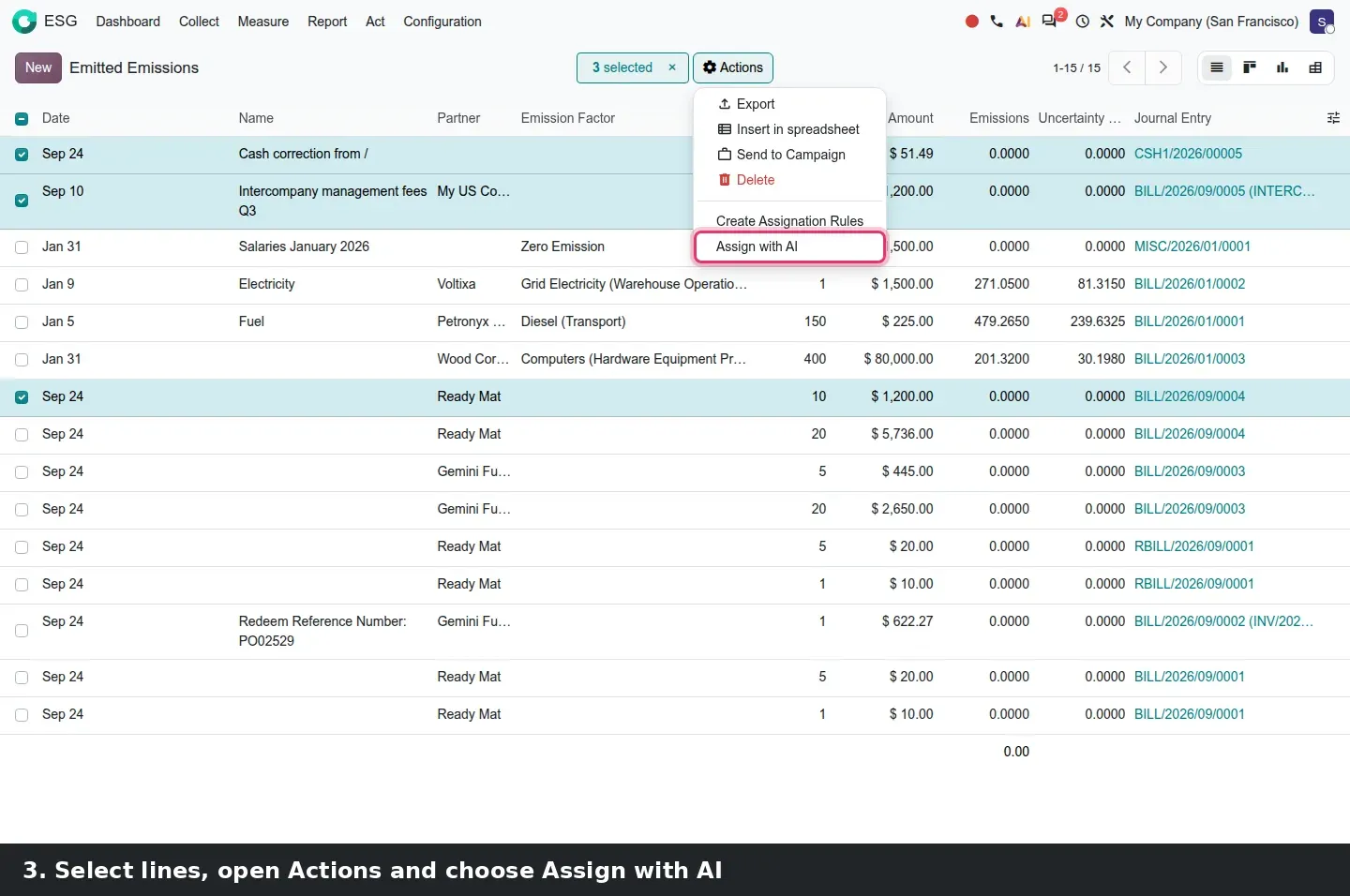 Step 2: Animated steps assigning emission factors with AI