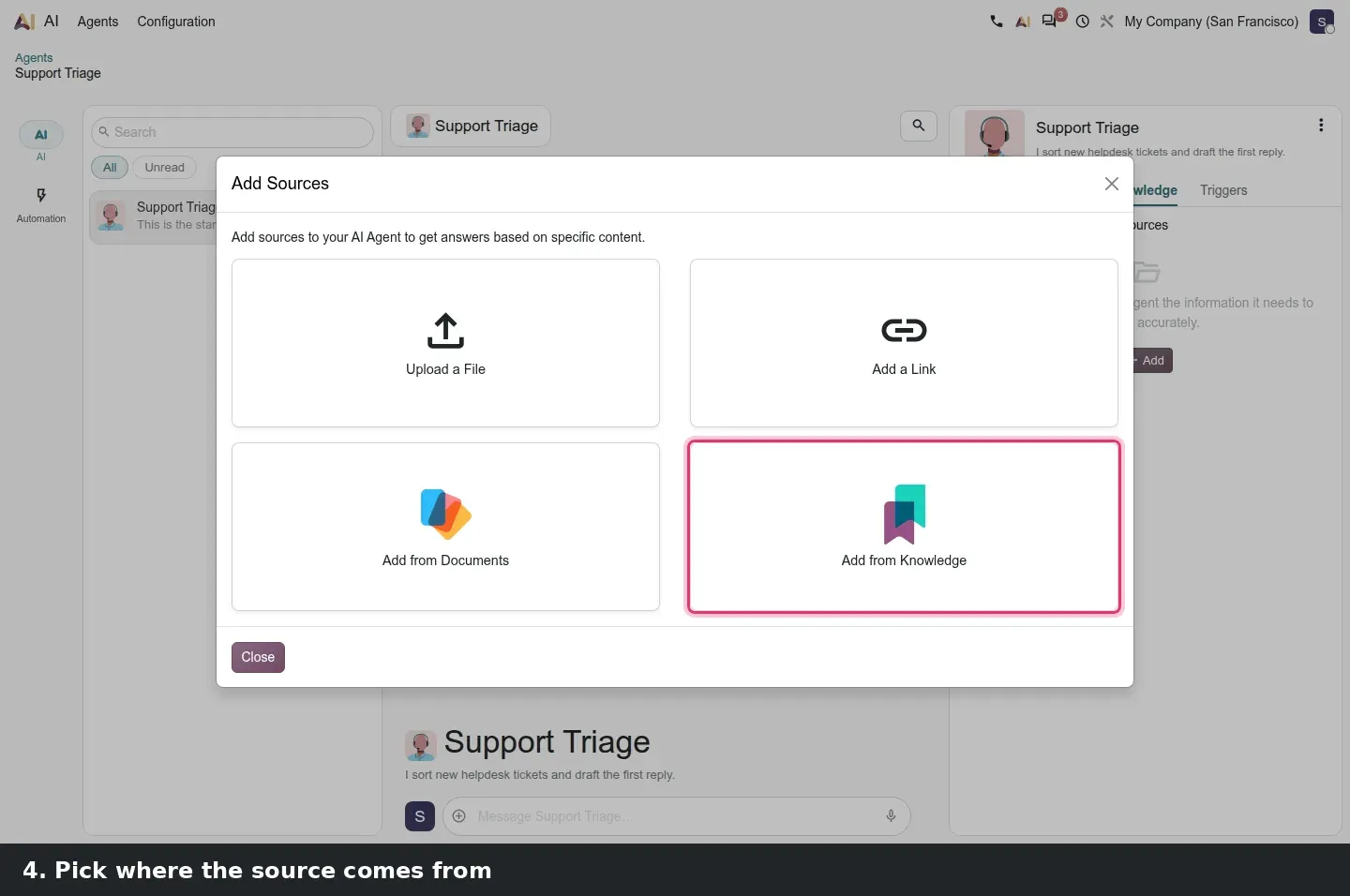 Step 2: Animated steps adding a Knowledge article as an agent source