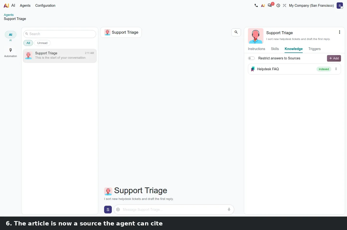 Step 3: Animated steps adding a Knowledge article as an agent source