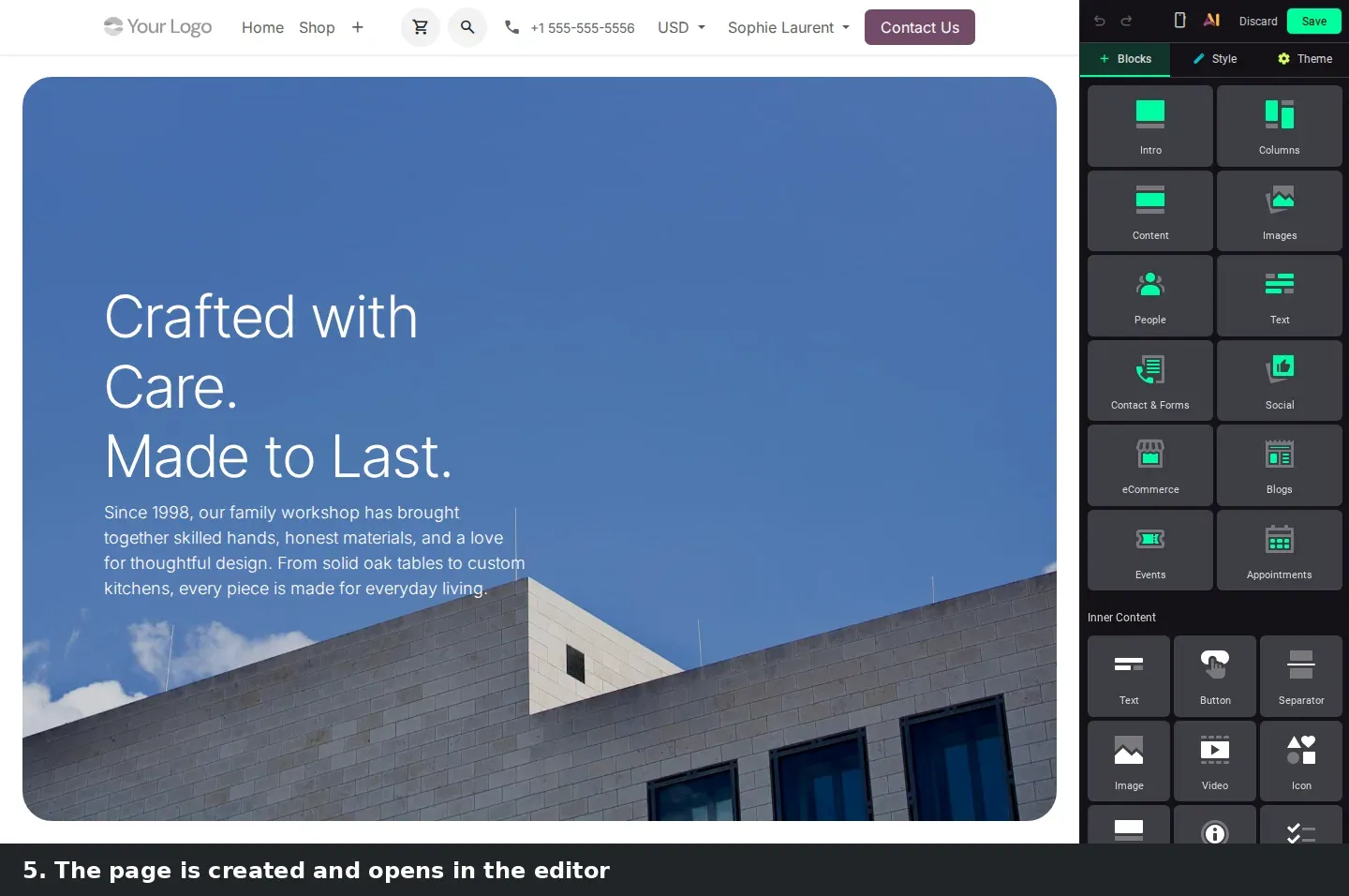 Step 3: Animated steps creating a page with AI-written text