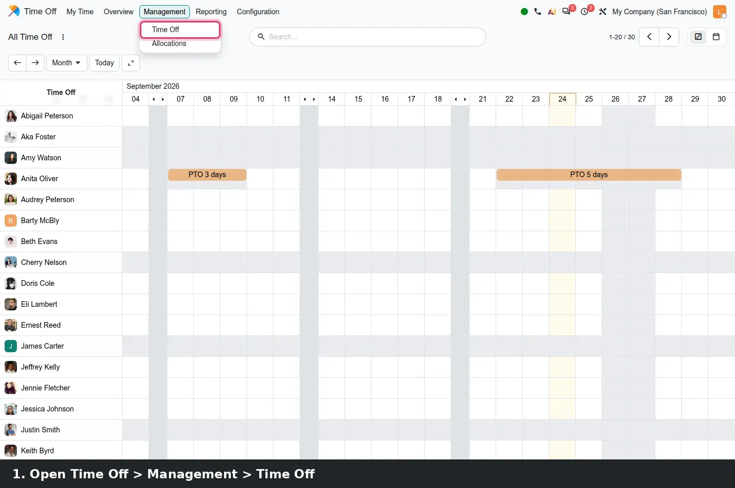 Step 1: Animated steps: open Time Off > Management > Time Off, switch to the Gantt view, drag across days and employees, then fill the leave once for all selected employees