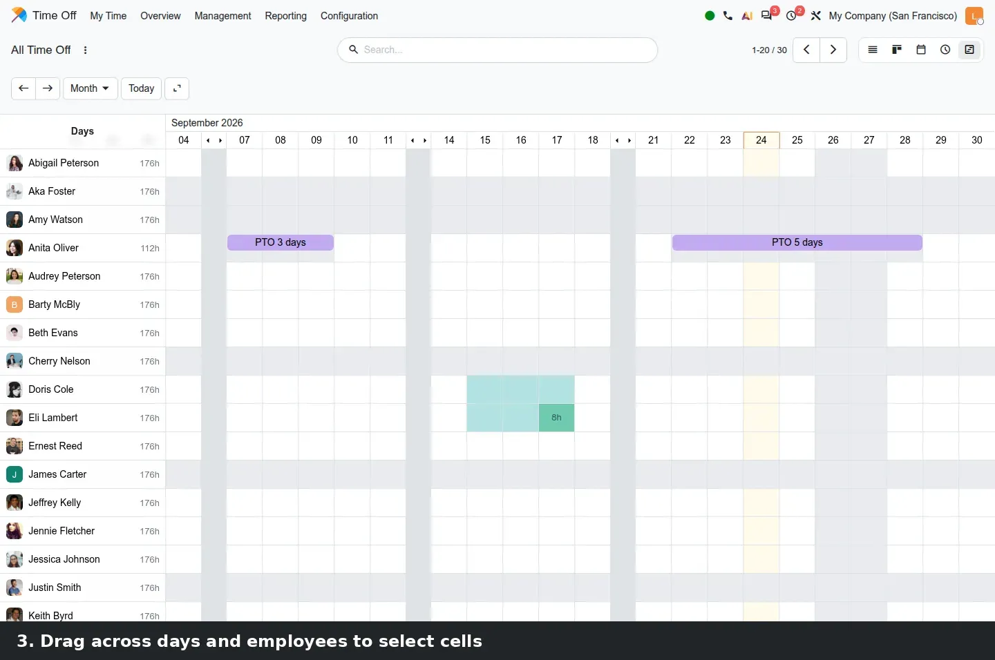 Step 2: Animated steps: open Time Off > Management > Time Off, switch to the Gantt view, drag across days and employees, then fill the leave once for all selected employees