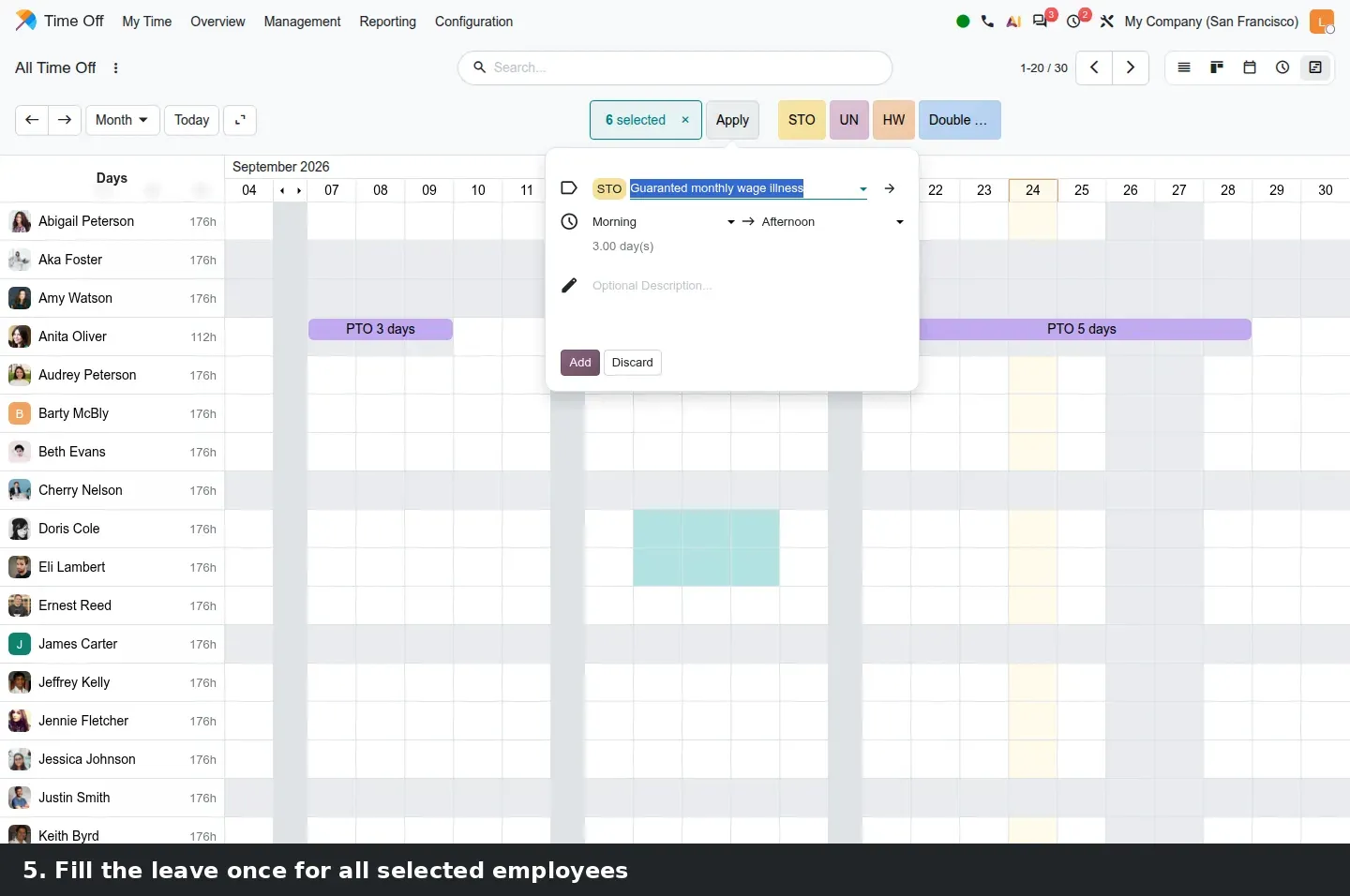 Step 3: Animated steps: open Time Off > Management > Time Off, switch to the Gantt view, drag across days and employees, then fill the leave once for all selected employees
