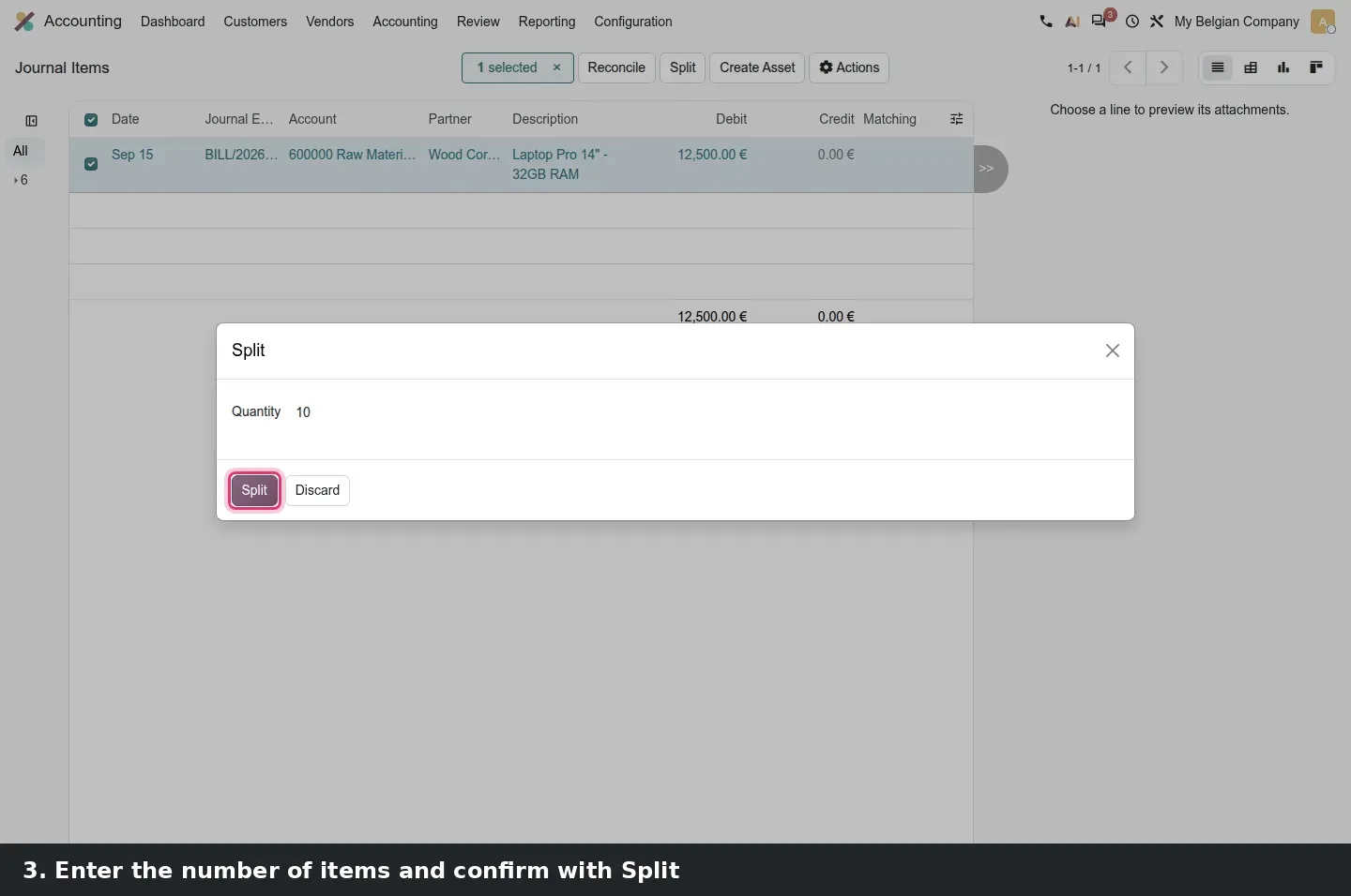 Step 2: Animated split of one journal item into ten
