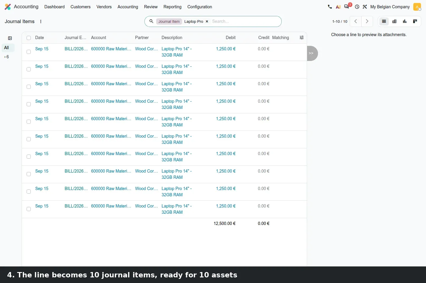 Step 3: Animated split of one journal item into ten