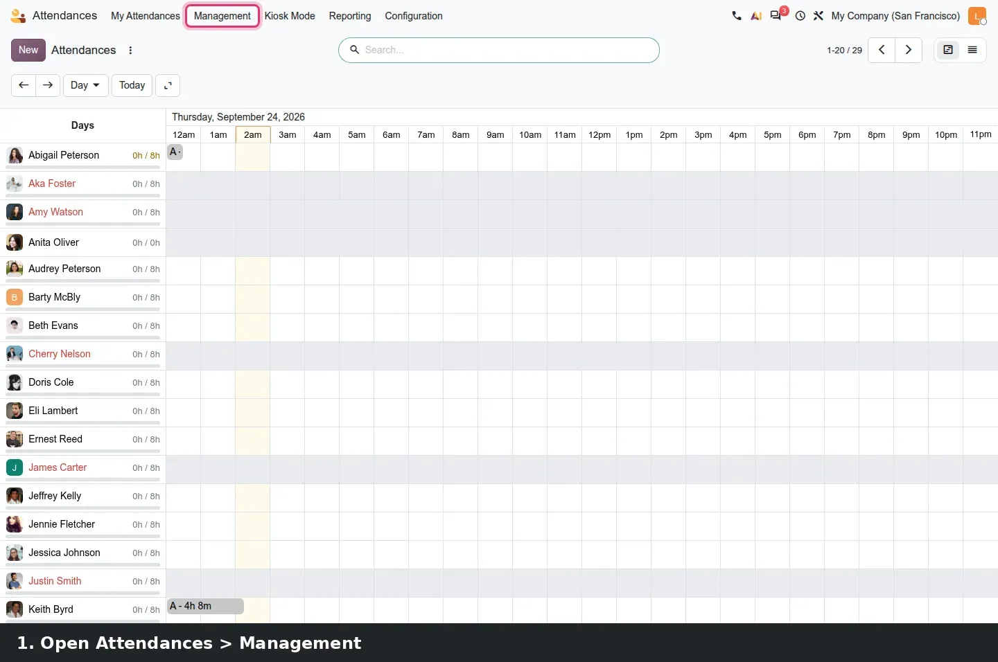 Step 1: Animated walkthrough: Attendances > Management, the Biometric Events list with Processed and Error punches, then the attendance list grouped by Mode