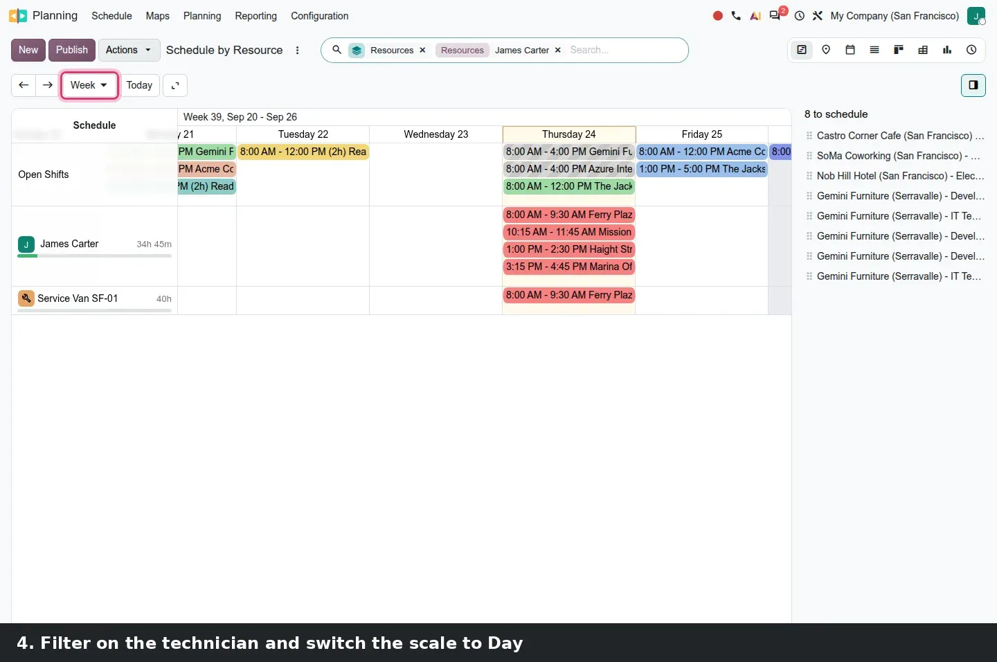 Step 2: Animated walkthrough from the home menu to a technician's day in the Planning Gantt with travel times