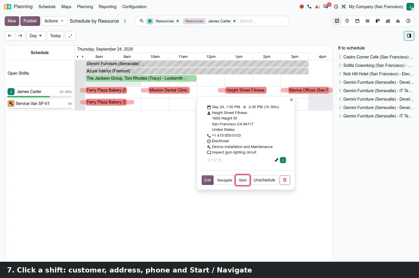 Step 3: Animated walkthrough from the home menu to a technician's day in the Planning Gantt with travel times