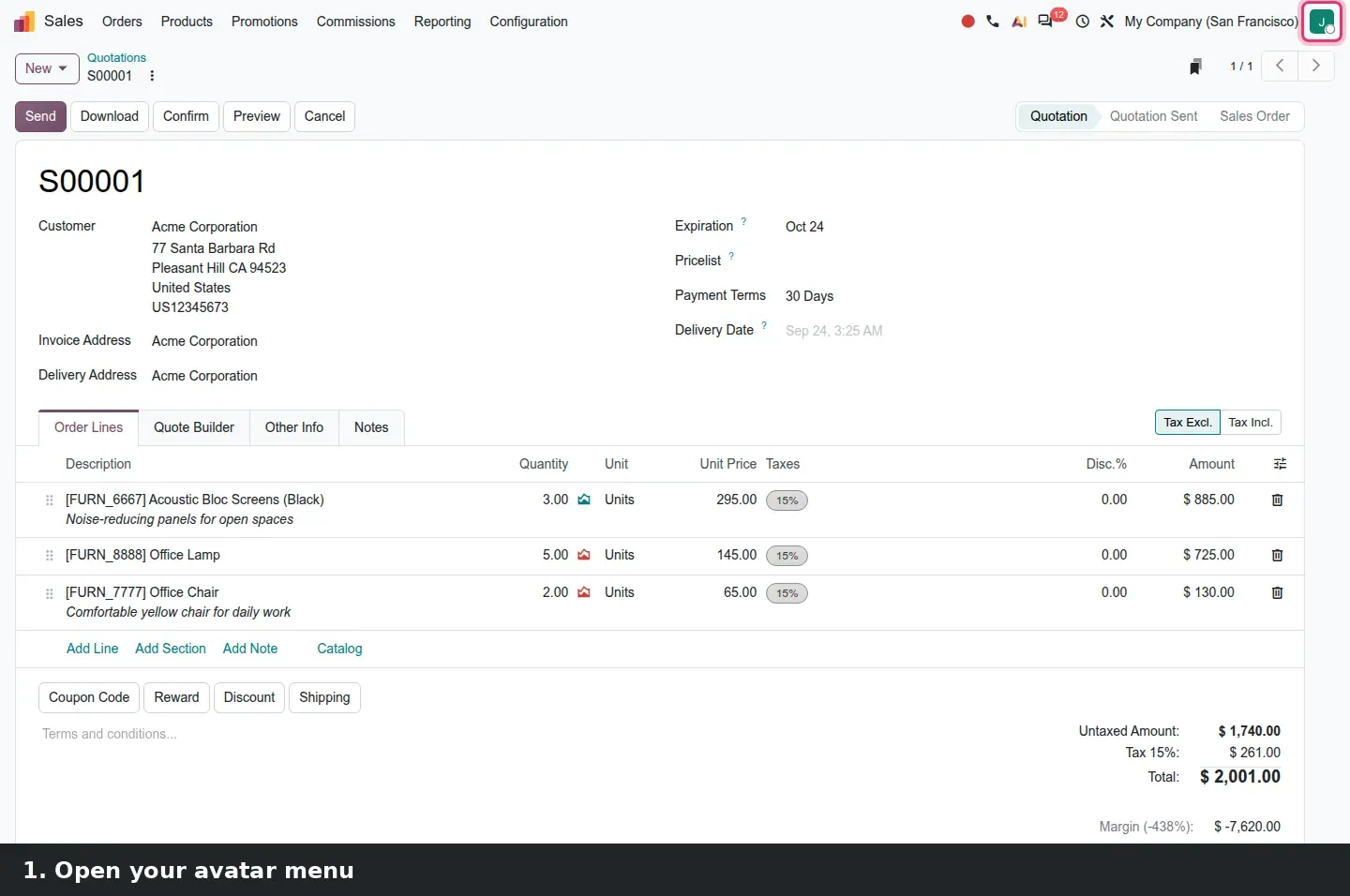 Step 1: Animated steps switching the Odoo back office to dark mode