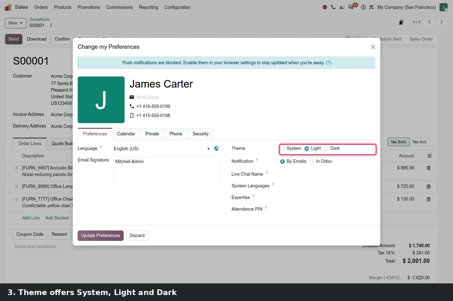 Step 2: Animated steps switching the Odoo back office to dark mode