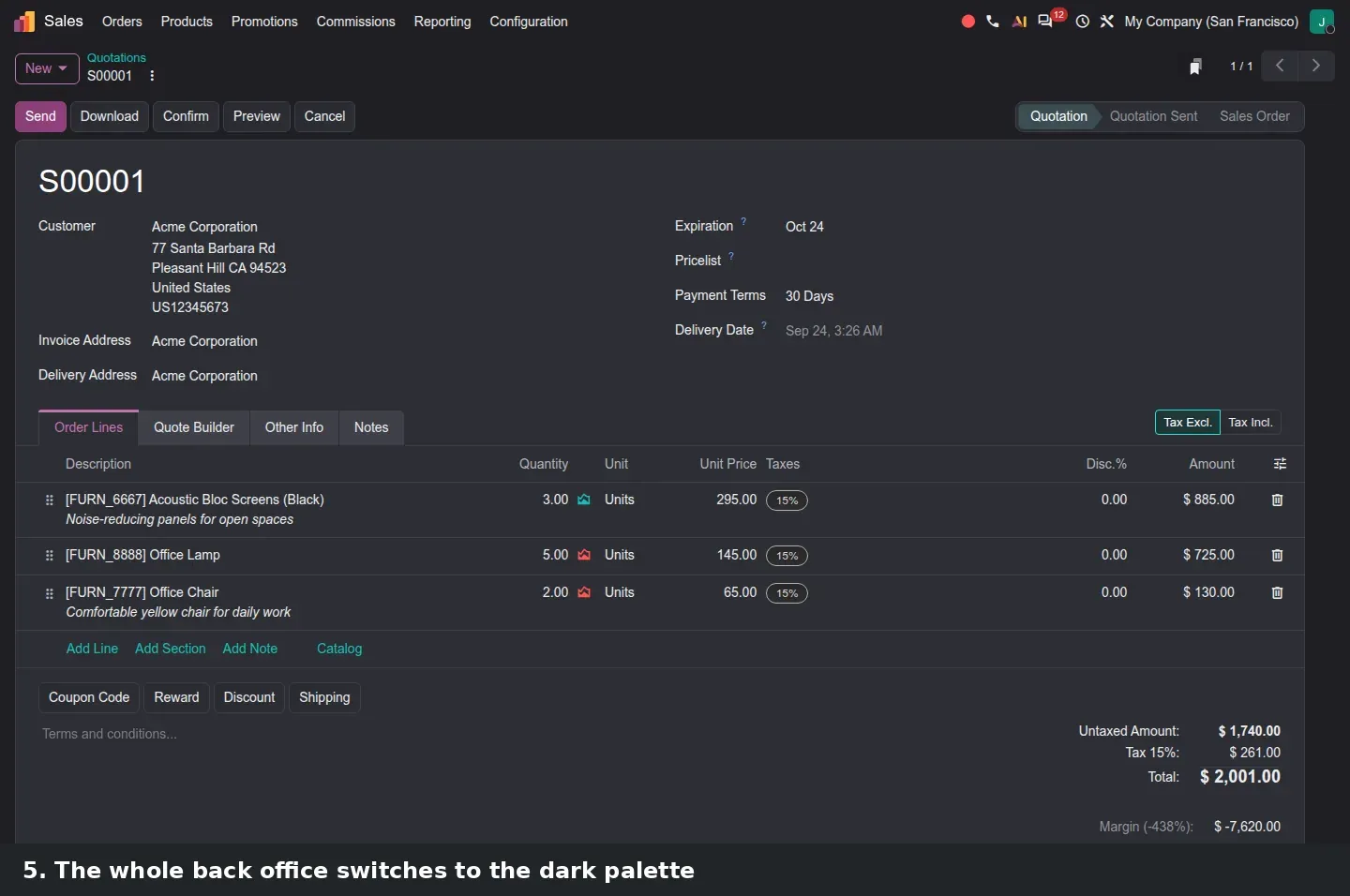 Step 3: Animated steps switching the Odoo back office to dark mode