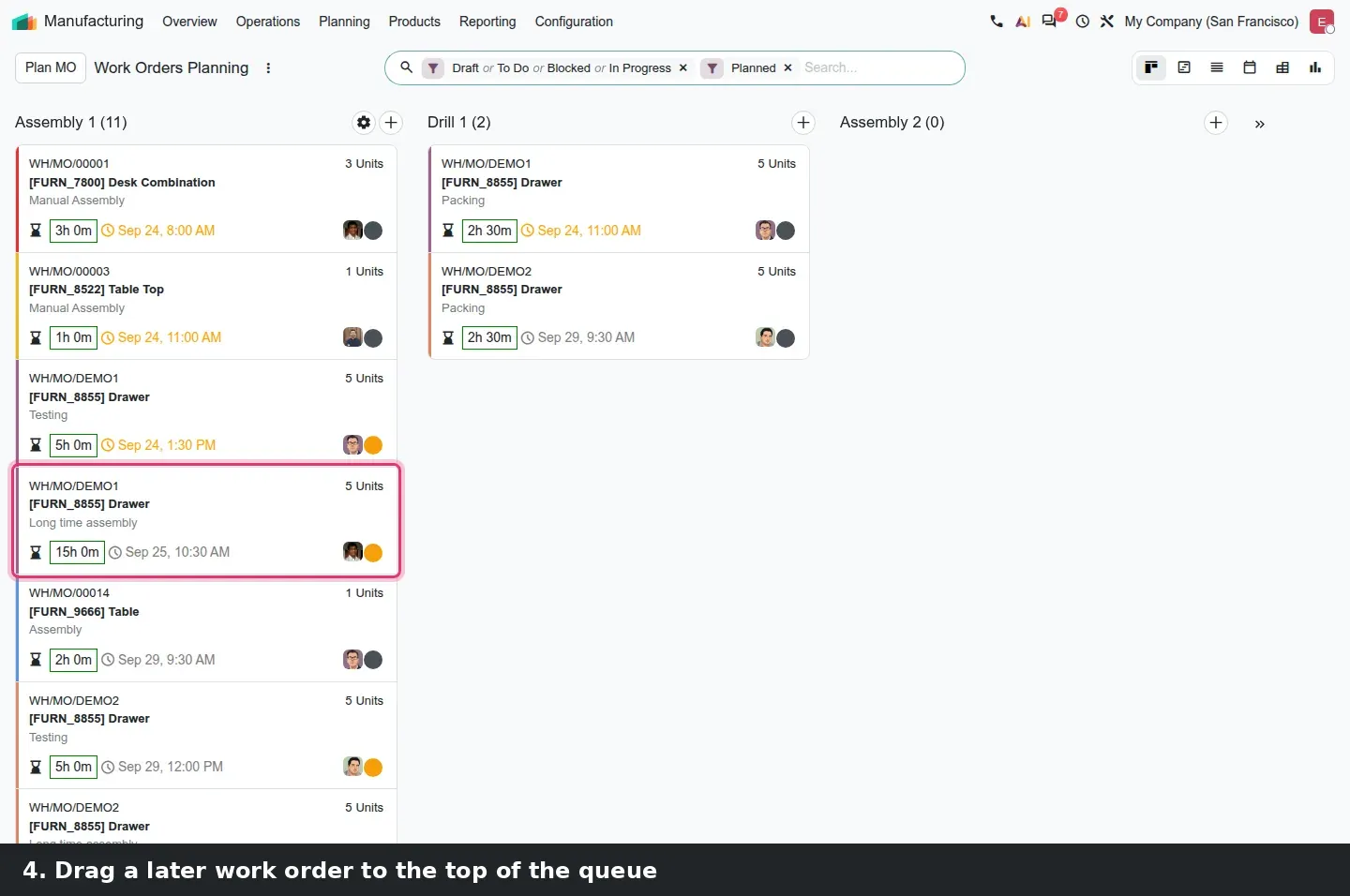 Step 2: Work order kanban grouped by work center; a card is dragged to the top of Assembly 1 and the start dates of the cards below shift.