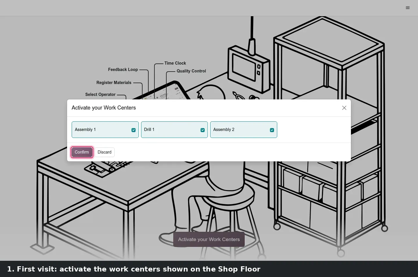 Step 1: Shop Floor screen switching from the Overview tab to the Drill 1 tab after the barcode "drill1" is scanned.