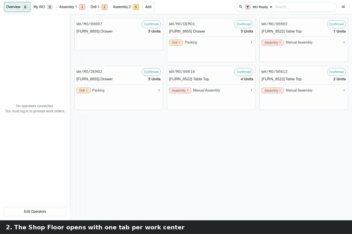 Step 2: Shop Floor screen switching from the Overview tab to the Drill 1 tab after the barcode "drill1" is scanned.