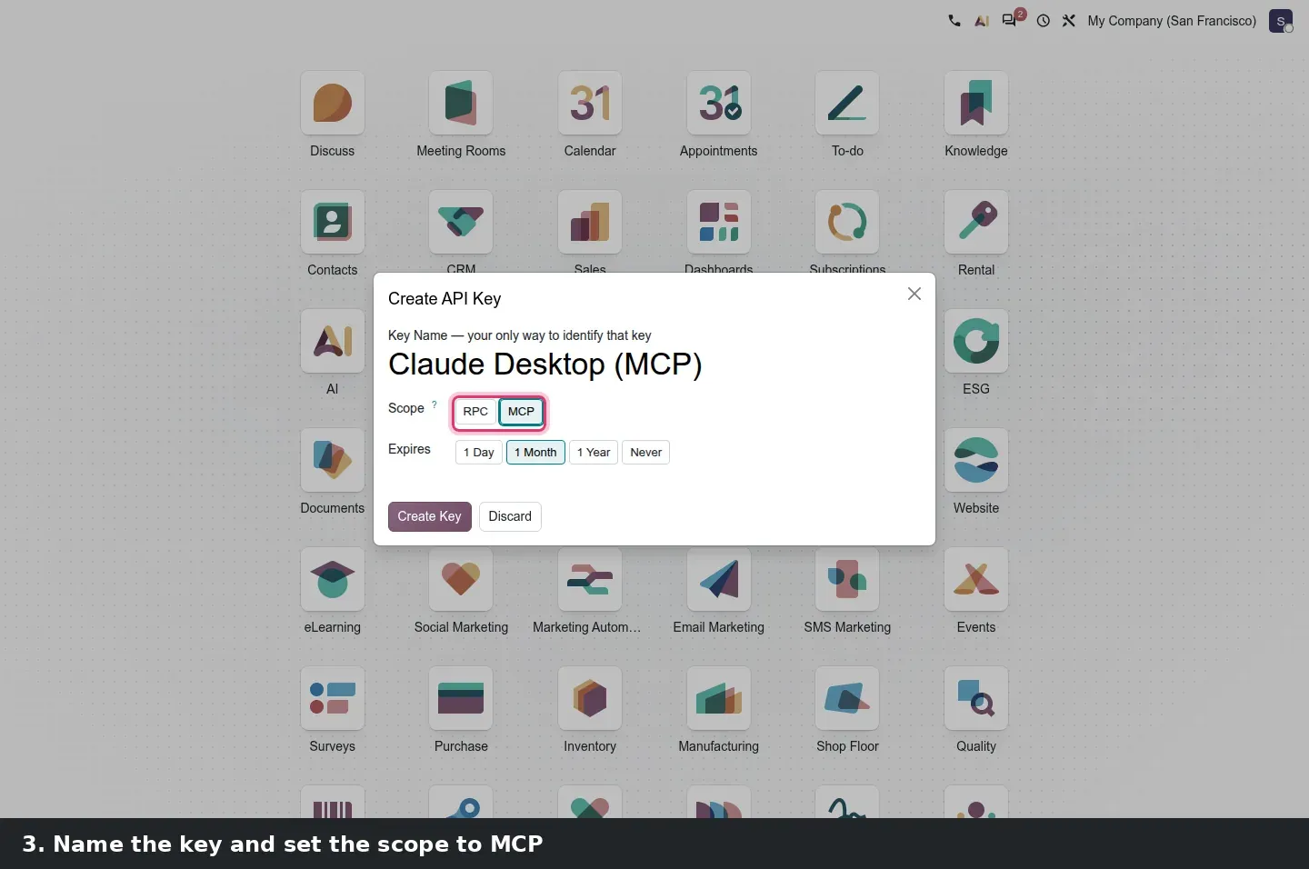 Step 2: Animated steps creating an MCP API key