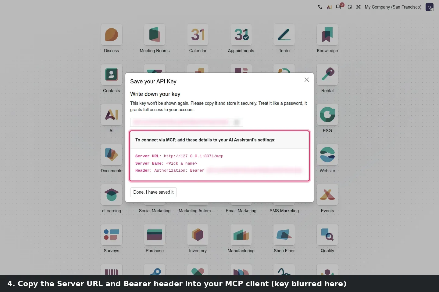 Step 3: Animated steps creating an MCP API key