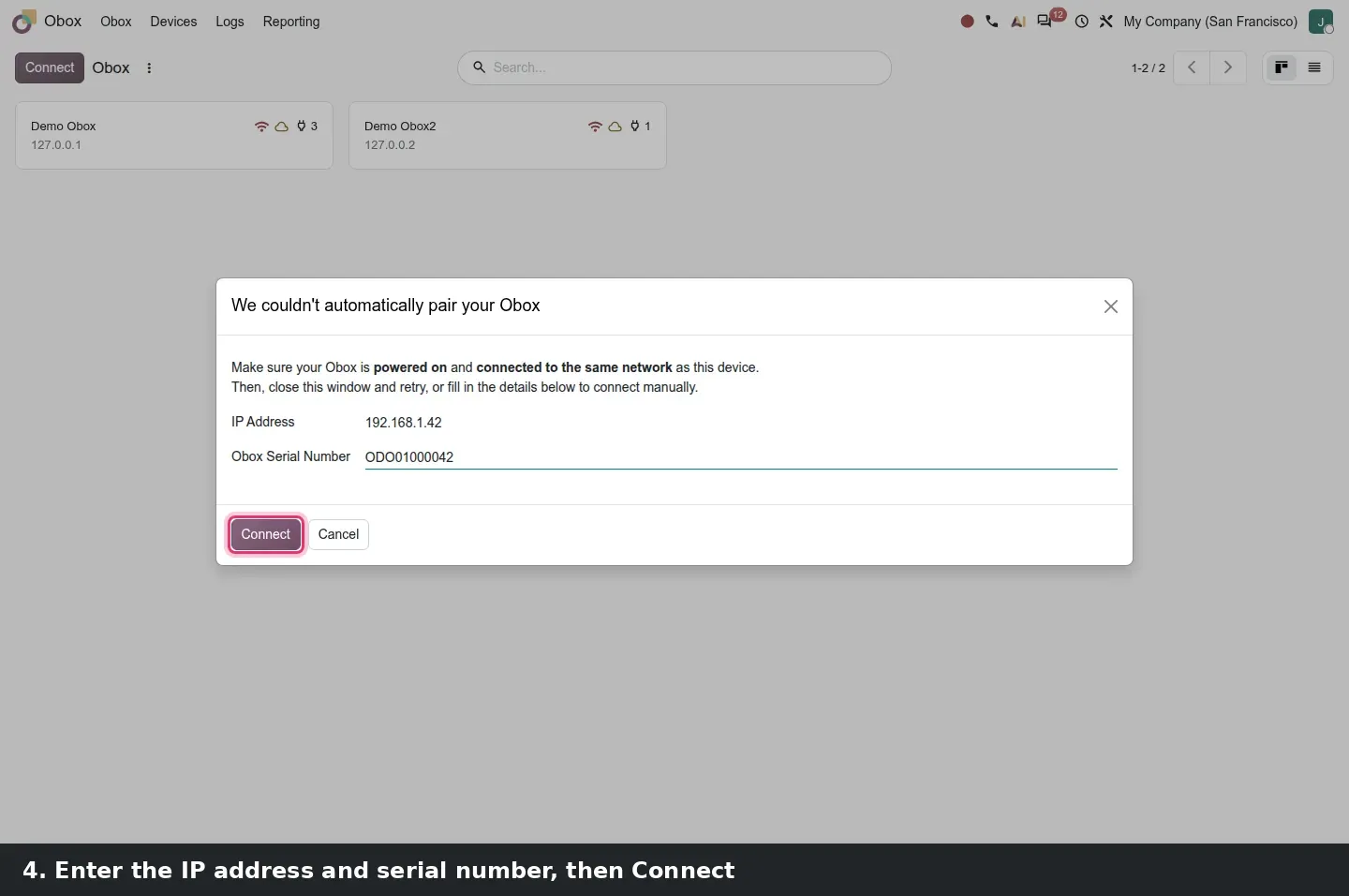 Step 2: Animated steps pairing an Obox manually and opening its form