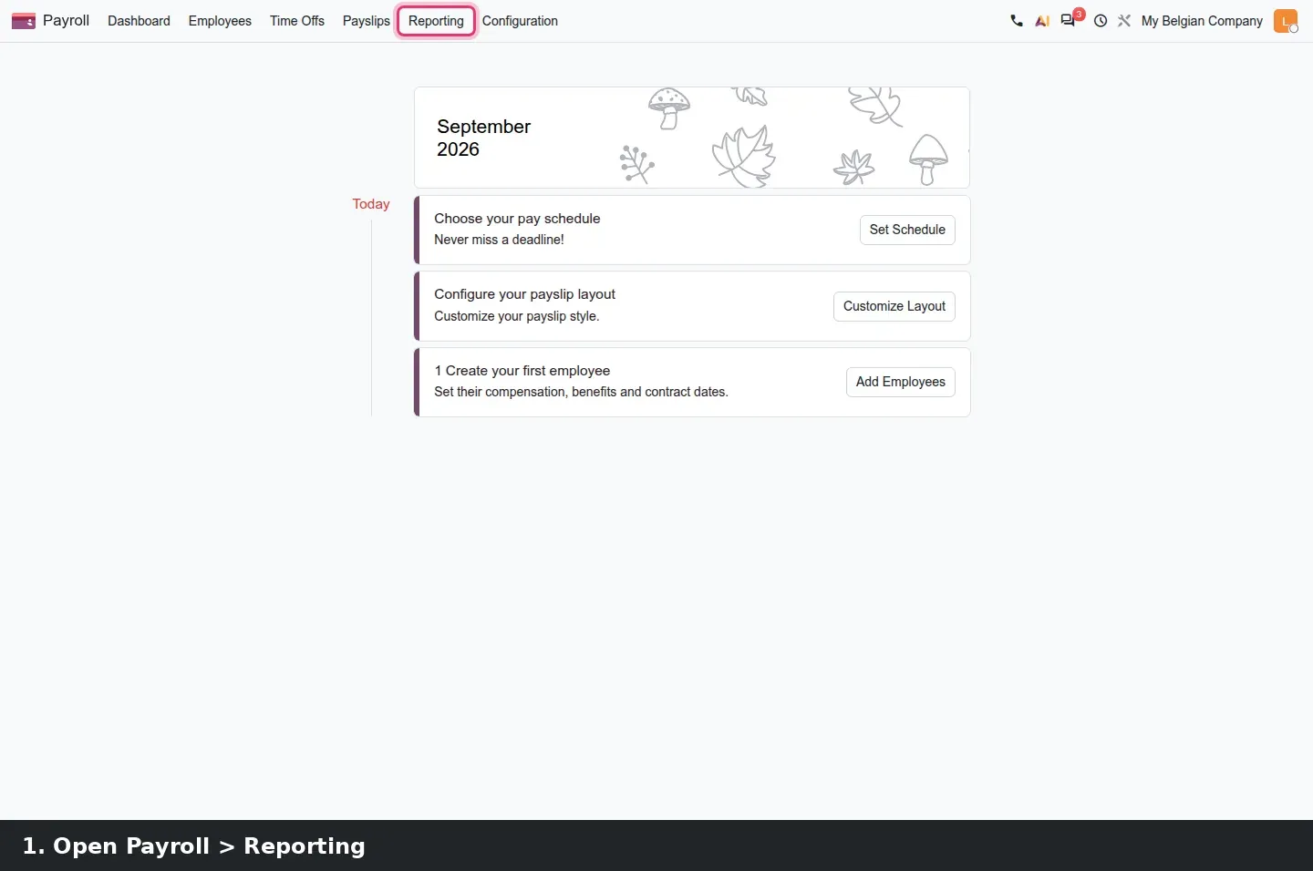 Step 1: Three steps: the Payroll Reporting menu on a Belgian company, the empty Create 281.XX Form list with the New button highlighted, and the new form with Year 2025, Sending Type Original and the Compute button