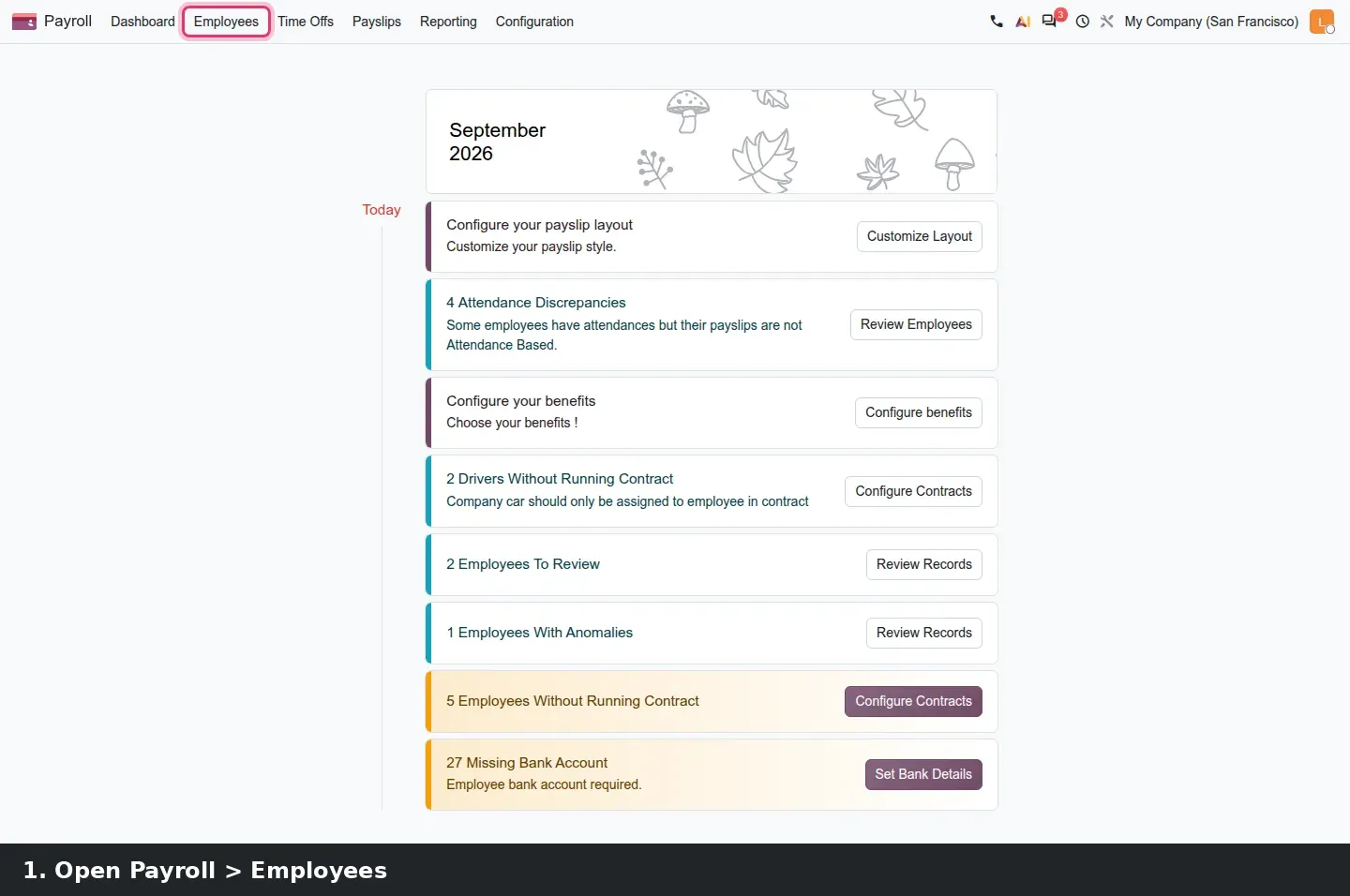Step 1: Three steps: the Payroll dashboard with its warning cards, the New Pay Run dialog with the United States: Regular Pay structure and the September period, and Jessica Johnson's employee record carrying the To Review badge