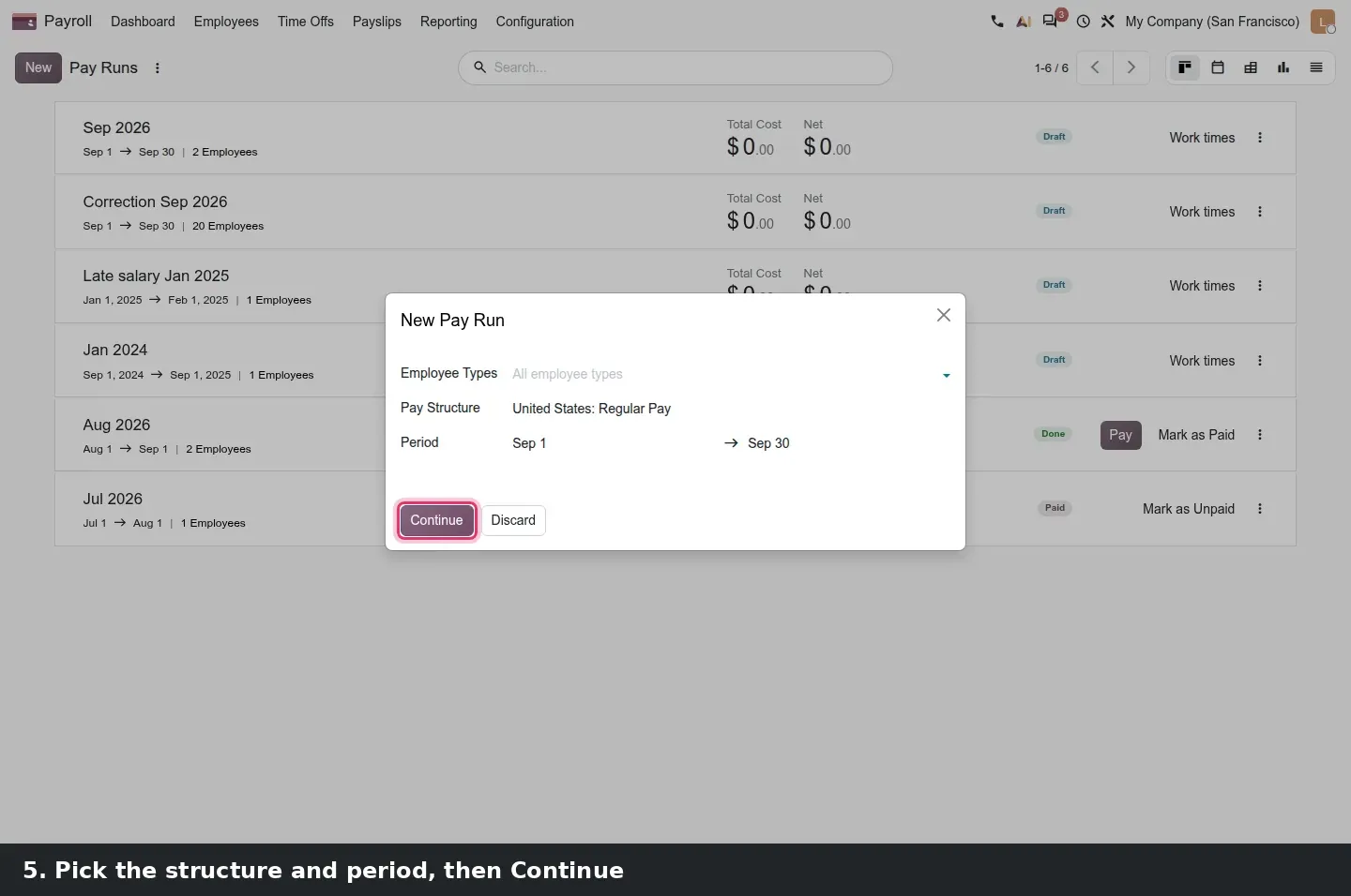 Step 2: Three steps: the Payroll dashboard with its warning cards, the New Pay Run dialog with the United States: Regular Pay structure and the September period, and Jessica Johnson's employee record carrying the To Review badge