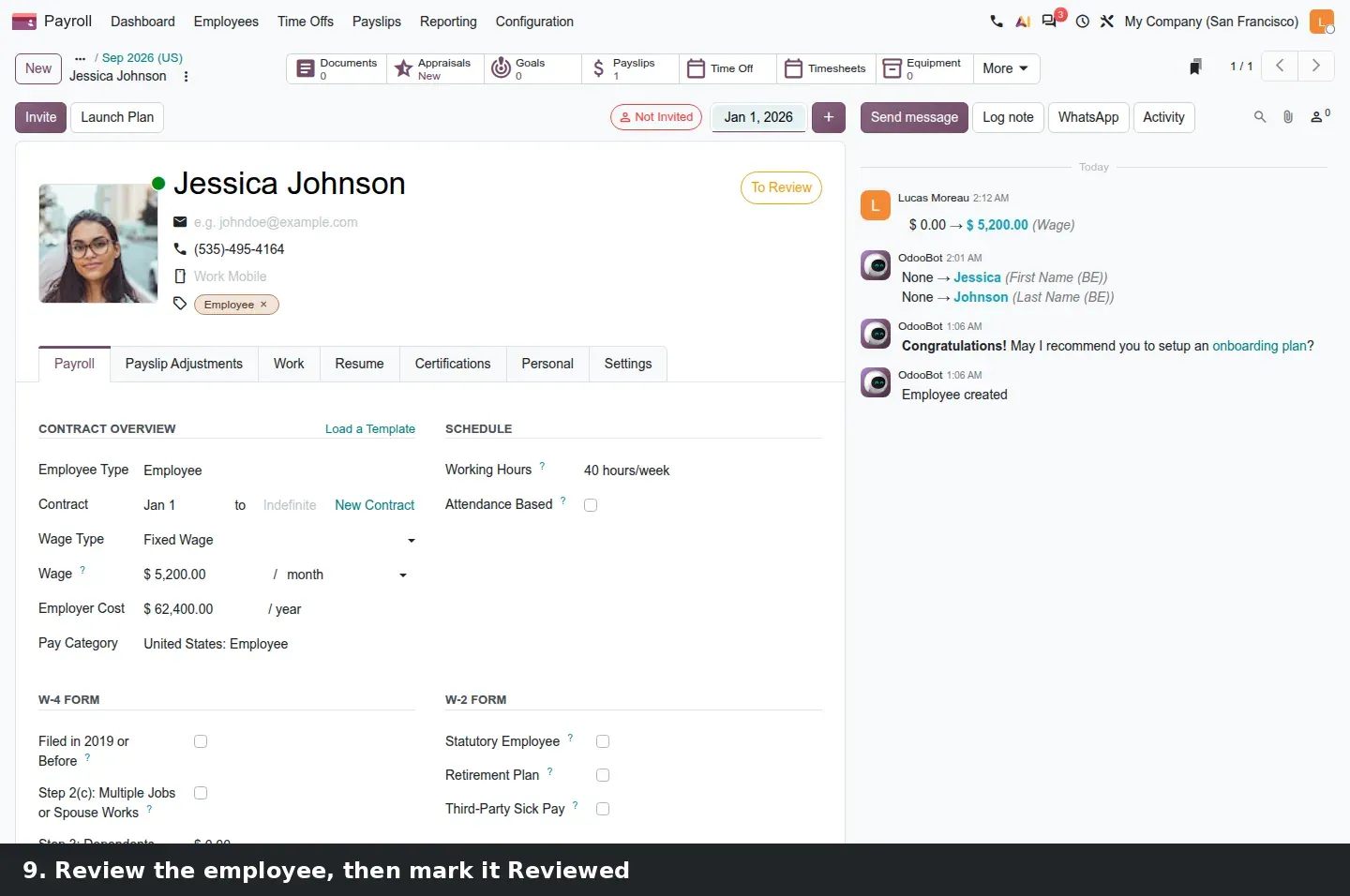 Step 3: Three steps: the Payroll dashboard with its warning cards, the New Pay Run dialog with the United States: Regular Pay structure and the September period, and Jessica Johnson's employee record carrying the To Review badge