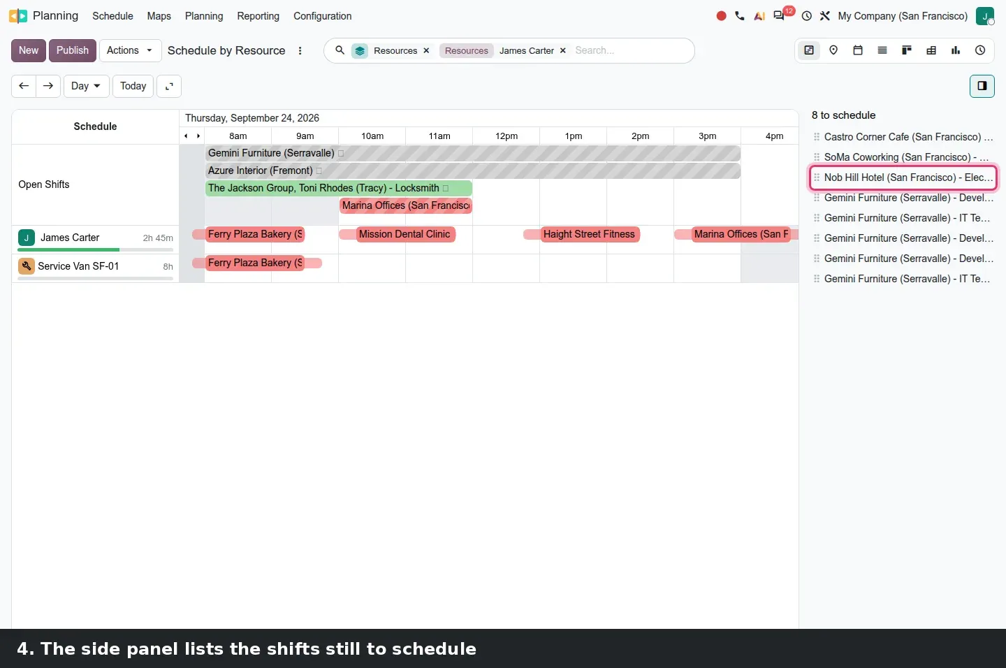 Step 2: Animated drag and drop of a shift from the side panel onto a technician's row in the Gantt