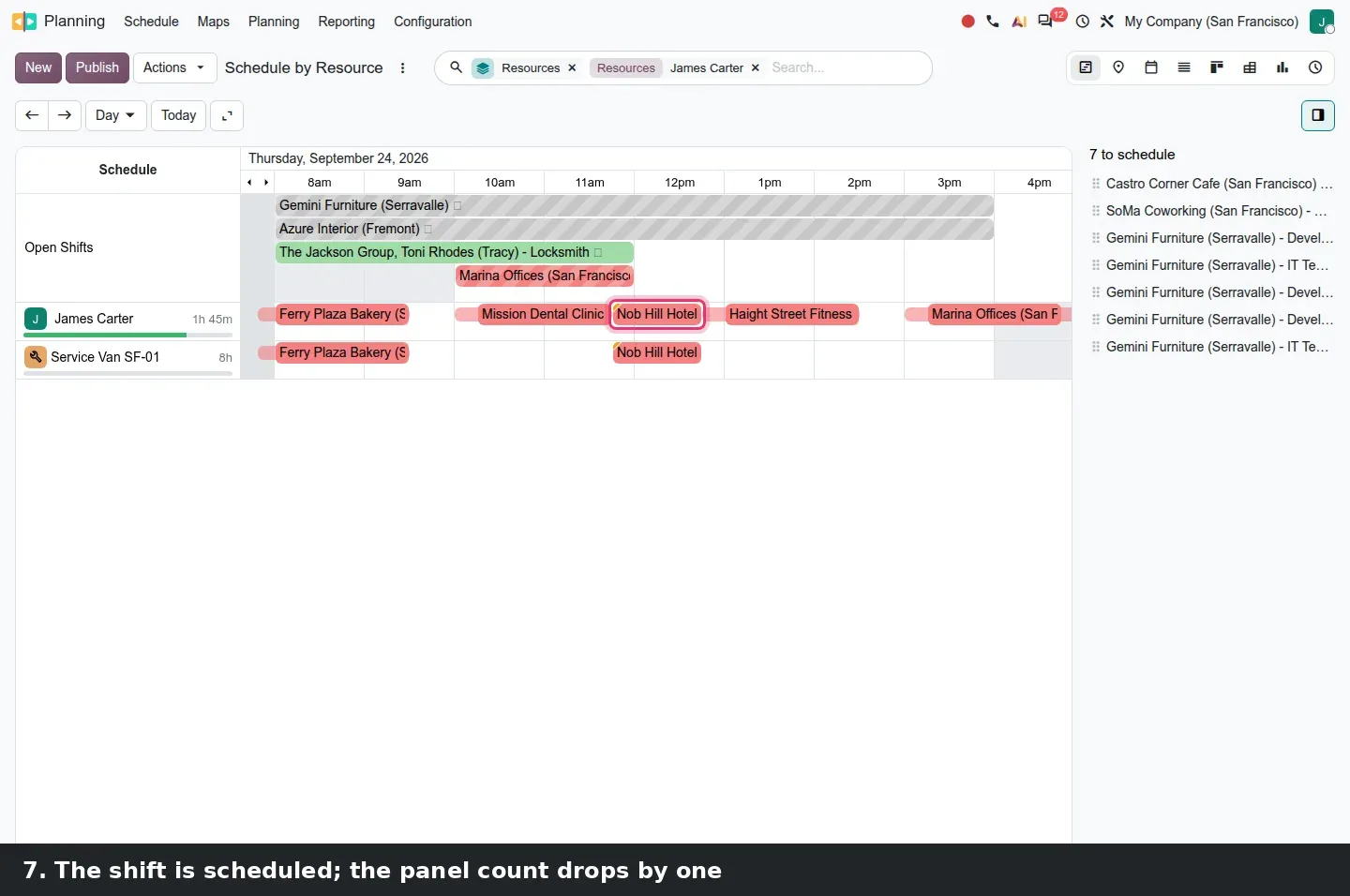 Step 3: Animated drag and drop of a shift from the side panel onto a technician's row in the Gantt