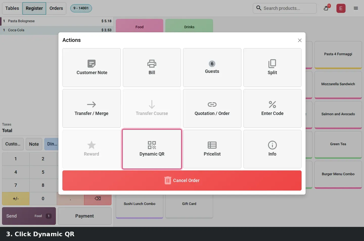 Step 2: Animated tutorial generating a dynamic QR for a table order.