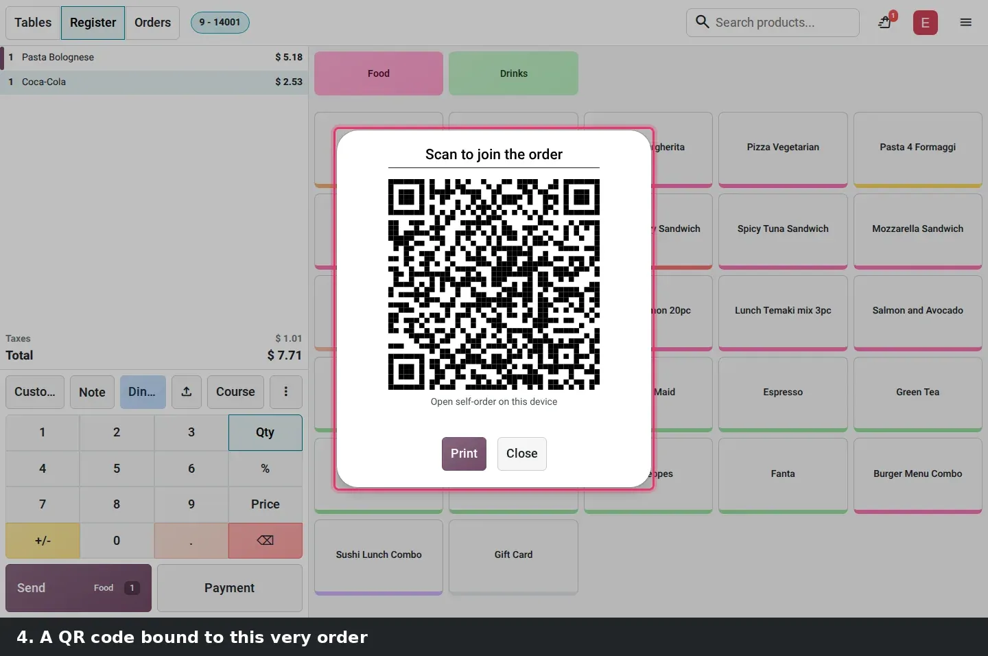 Step 3: Animated tutorial generating a dynamic QR for a table order.