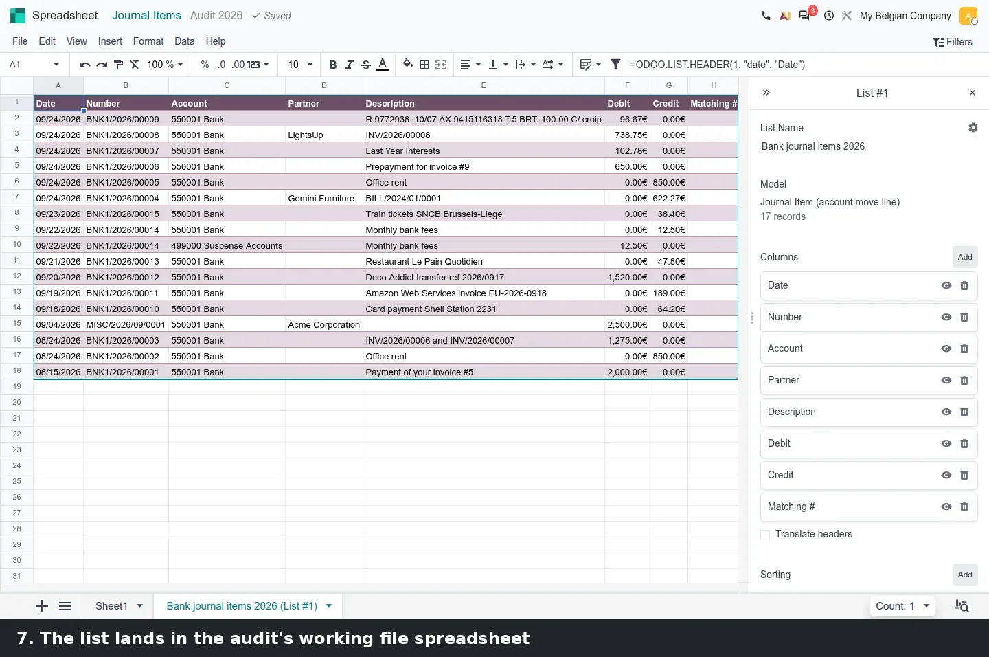 Step 3: Animated insertion of a list into an audit working file