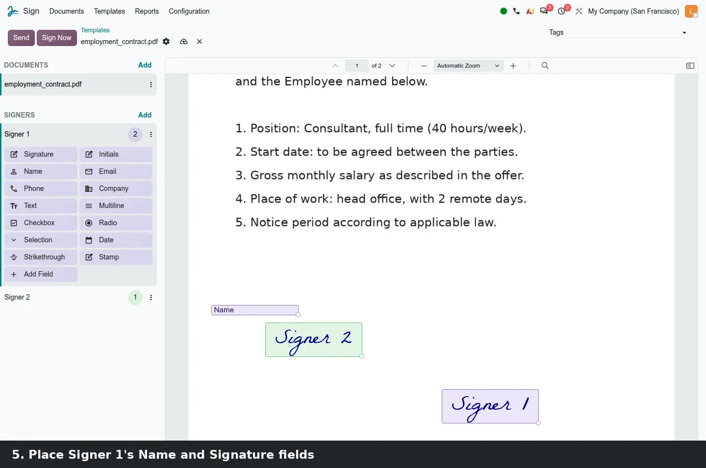 Step 2: Three steps of the Sign template editor: the Upload PDF button in Sign > Templates, Name and Signature fields placed for two signers, and the New Signature Request dialog