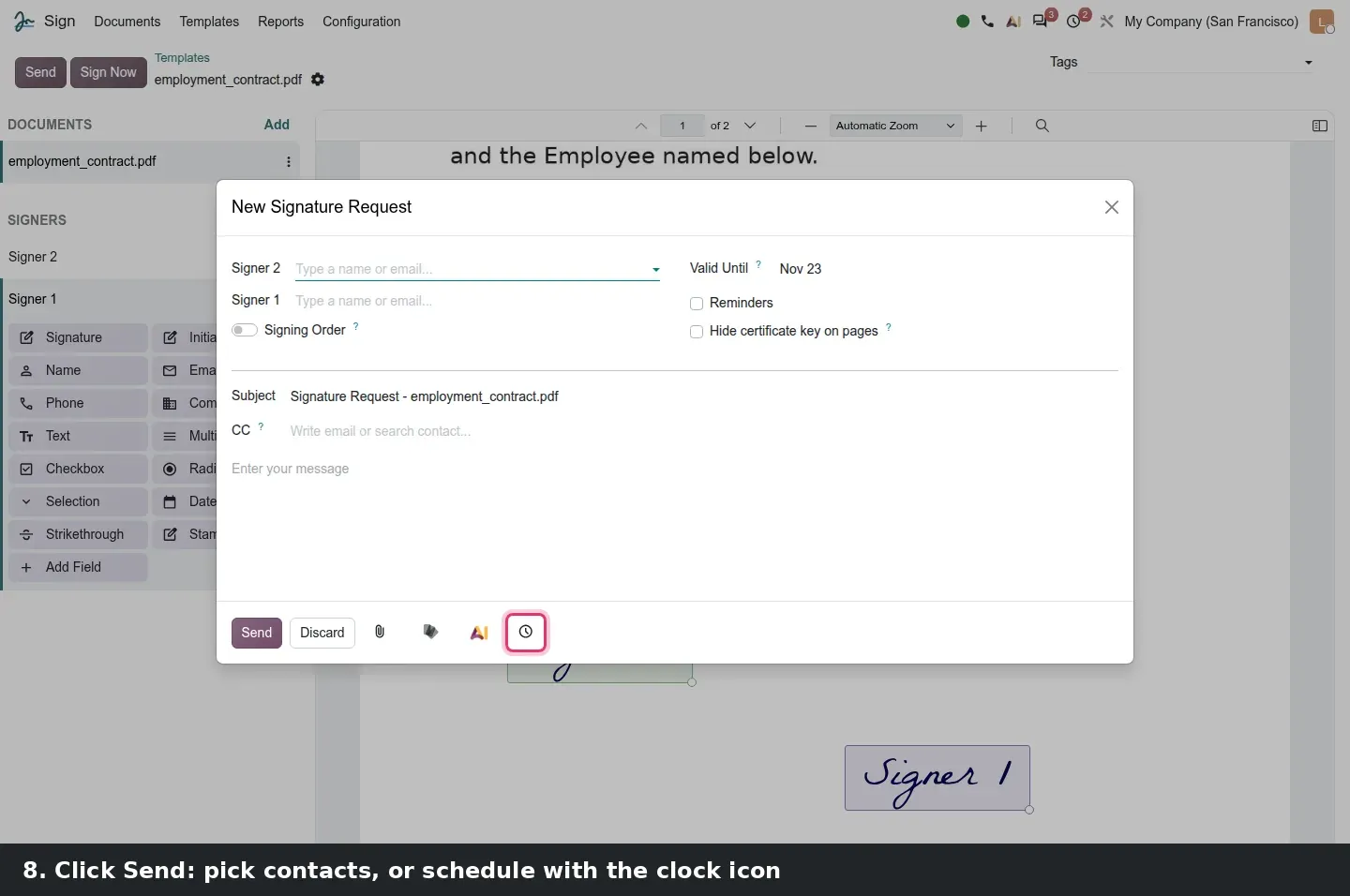 Step 3: Three steps of the Sign template editor: the Upload PDF button in Sign > Templates, Name and Signature fields placed for two signers, and the New Signature Request dialog