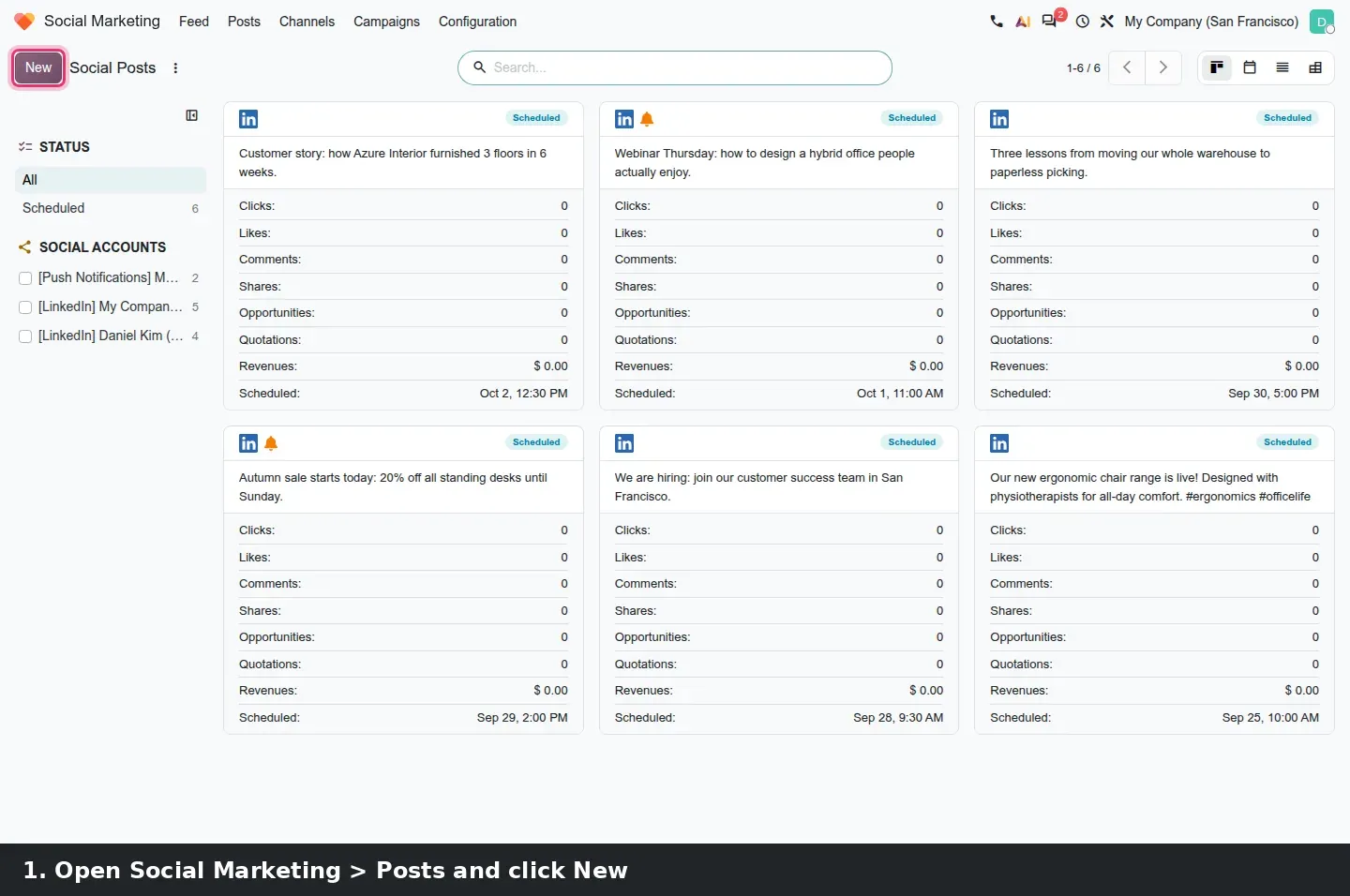 Step 1: Animated tutorial composing and scheduling a social post