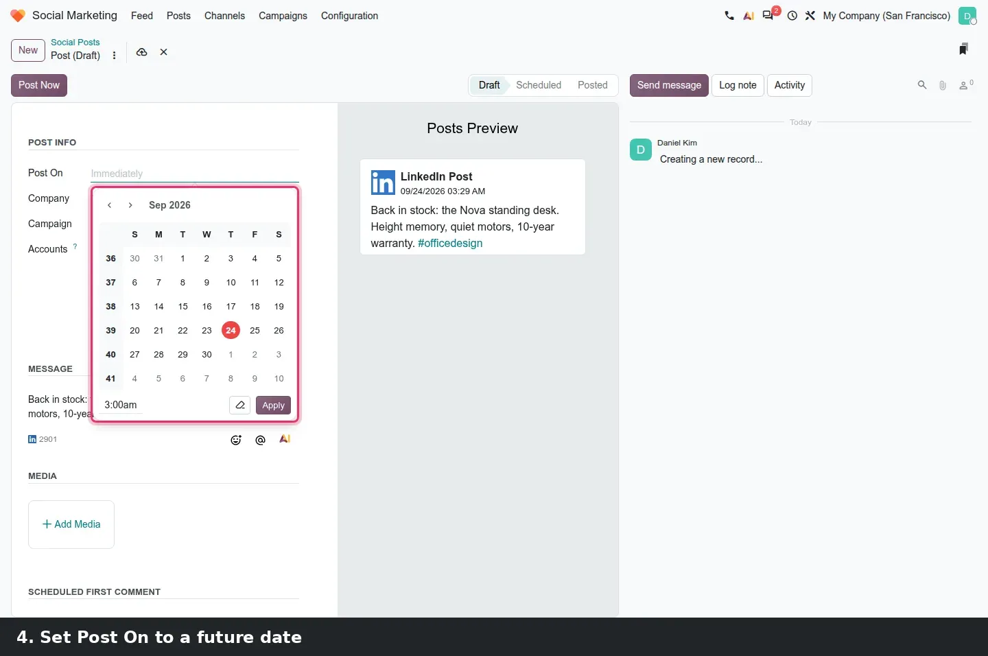 Step 2: Animated tutorial composing and scheduling a social post