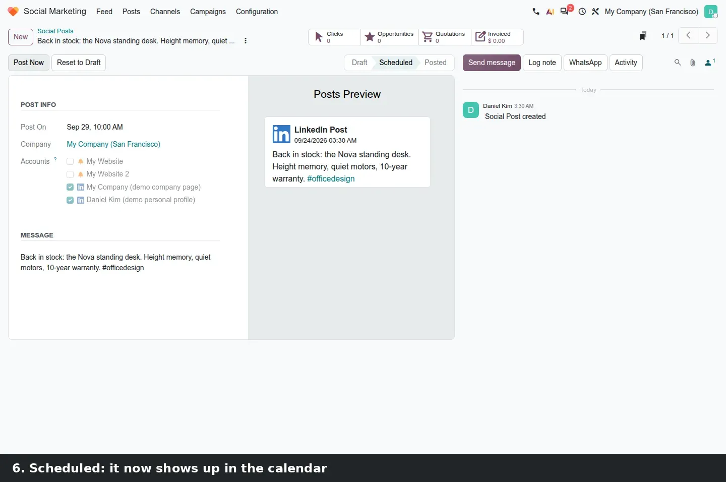 Step 3: Animated tutorial composing and scheduling a social post