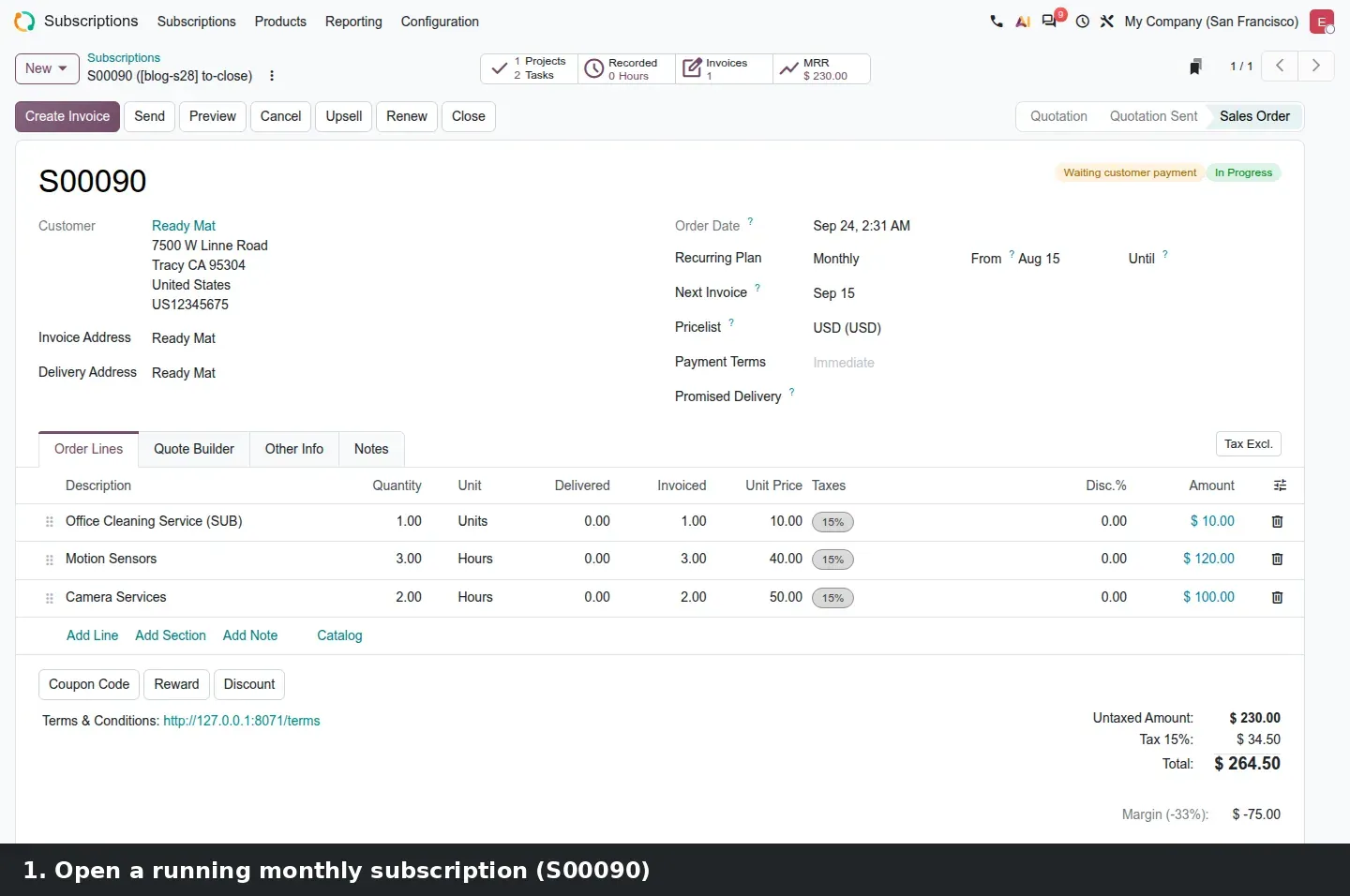 Step 1: Animated walkthrough: subscription S00090 > Close > pick a reason and a close date of Oct 1 > Create Invoice > the draft invoice lines read "17 days 09/15/2026 to 10/01/2026" with prorated prices.