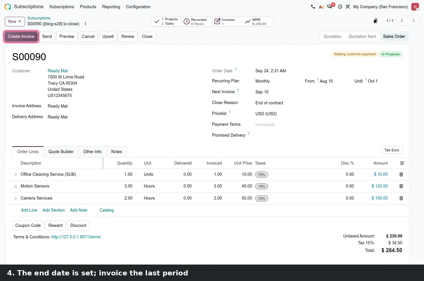 Step 2: Animated walkthrough: subscription S00090 > Close > pick a reason and a close date of Oct 1 > Create Invoice > the draft invoice lines read "17 days 09/15/2026 to 10/01/2026" with prorated prices.
