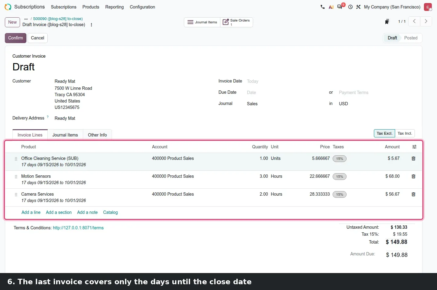 Step 3: Animated walkthrough: subscription S00090 > Close > pick a reason and a close date of Oct 1 > Create Invoice > the draft invoice lines read "17 days 09/15/2026 to 10/01/2026" with prorated prices.