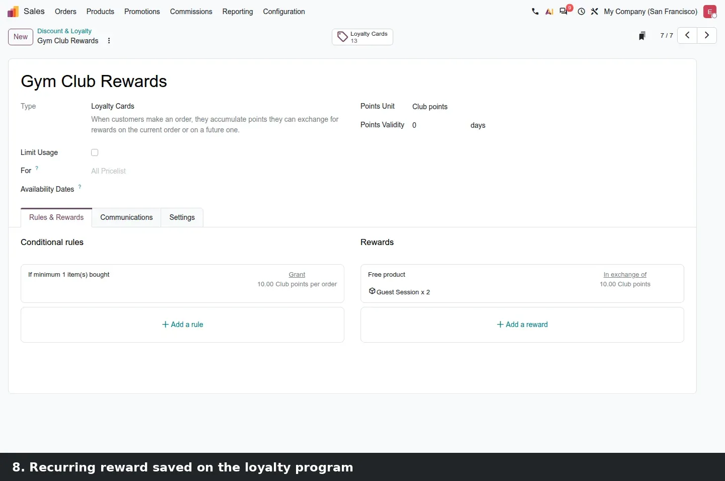 Step 3: Animated walkthrough: Sales > Promotions > Discount & Loyalty, open the Gym Club Rewards program, open its reward, tick Recurring in the Subscription group, save.