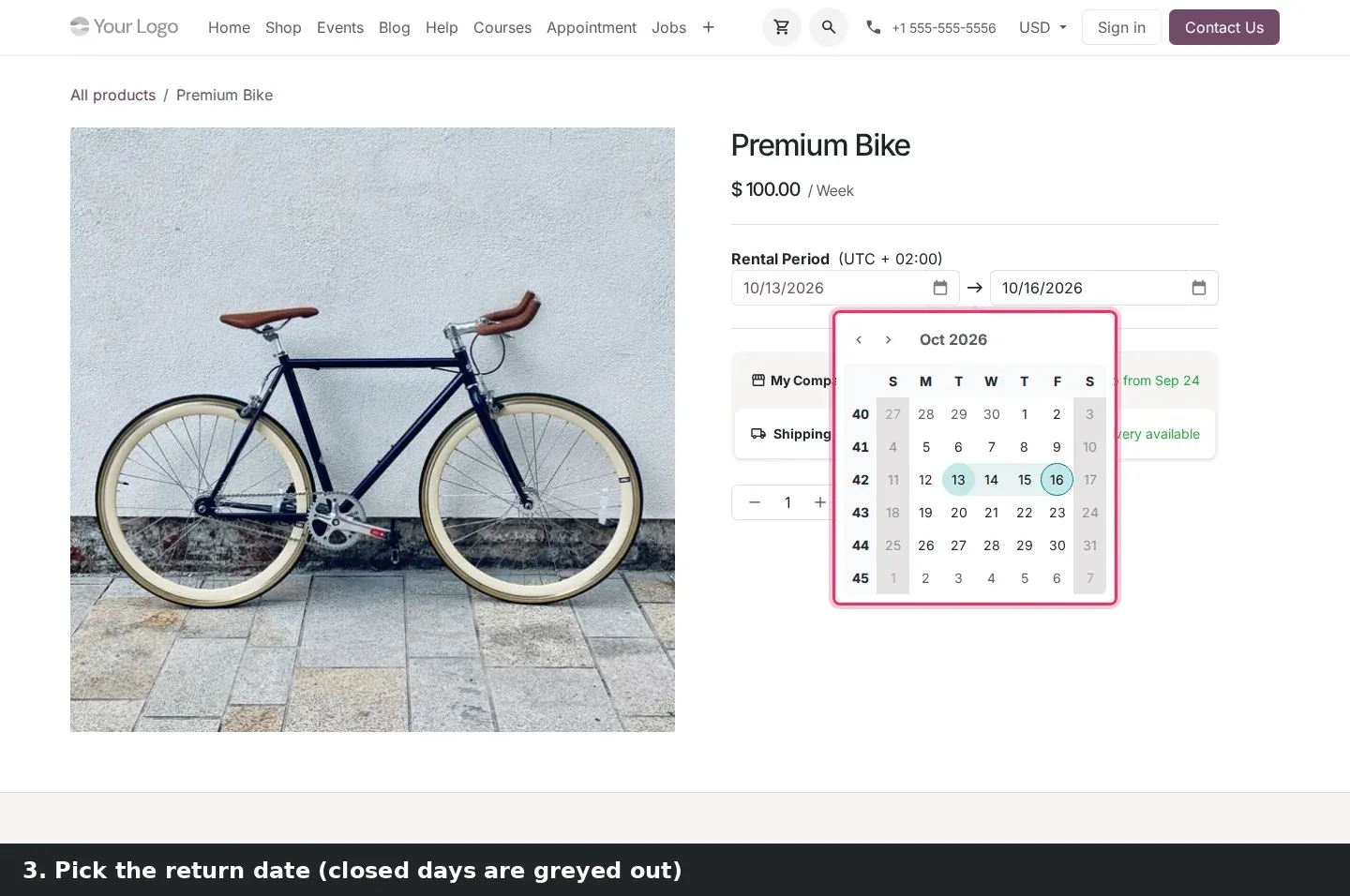 Step 2: Animated walkthrough: a visitor opens Premium Bike in the shop, picks Oct 13 to Oct 16 in the rental date picker (weekends greyed out), selects in-store pick-up, and sees the Pickup Location dialog with the store address and opening hours.