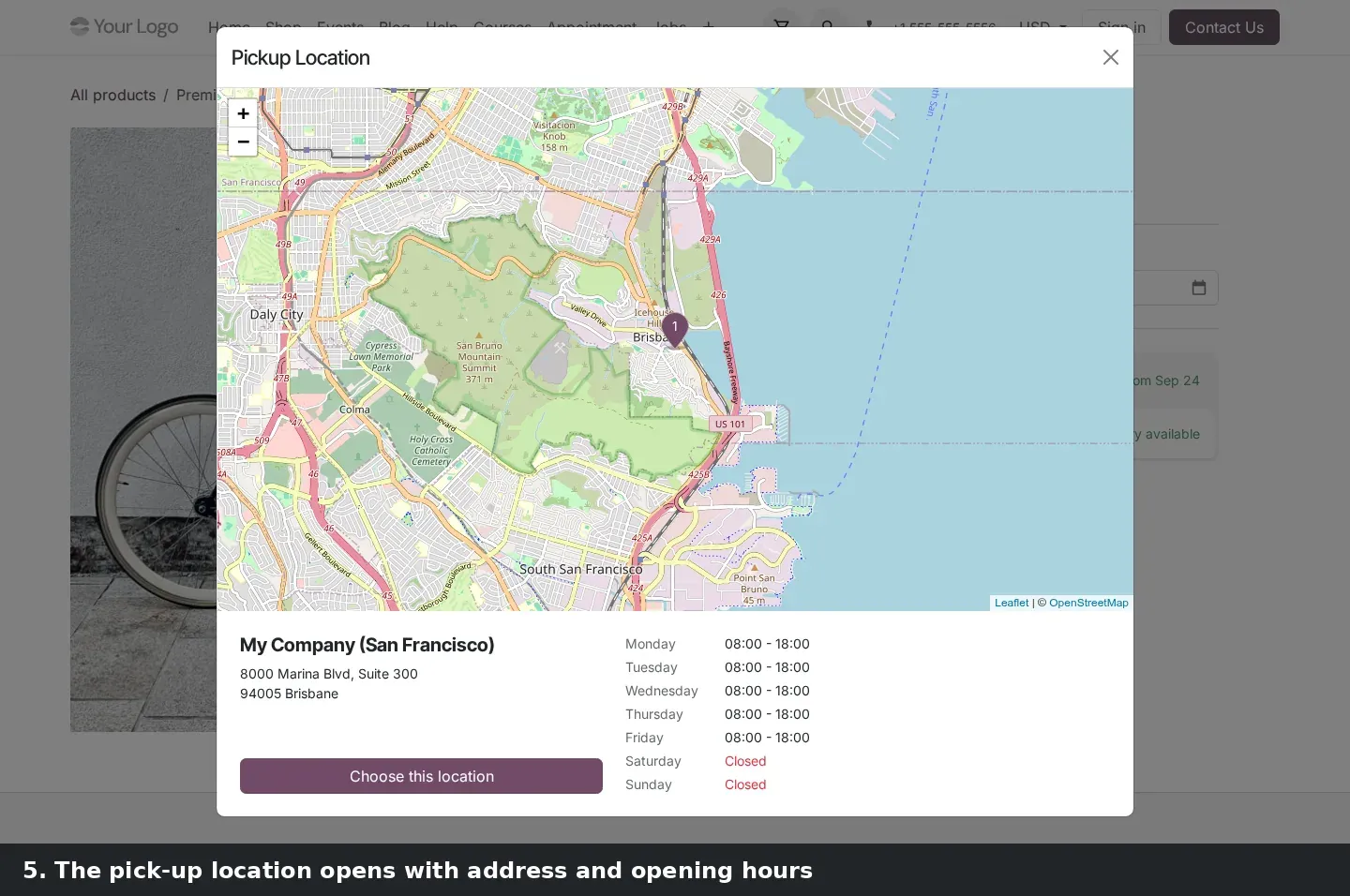 Step 3: Animated walkthrough: a visitor opens Premium Bike in the shop, picks Oct 13 to Oct 16 in the rental date picker (weekends greyed out), selects in-store pick-up, and sees the Pickup Location dialog with the store address and opening hours.
