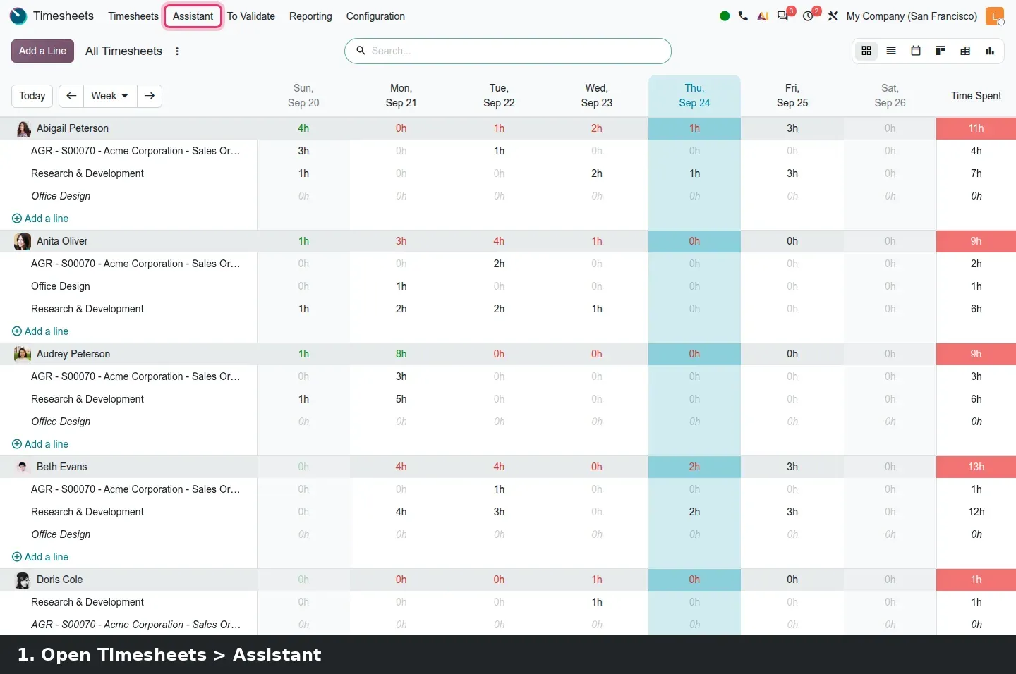 Step 1: Animated walkthrough: Timesheets > Assistant, suggestions grouped By Project with totals, then the accepted suggestion recorded as a timesheet on the left