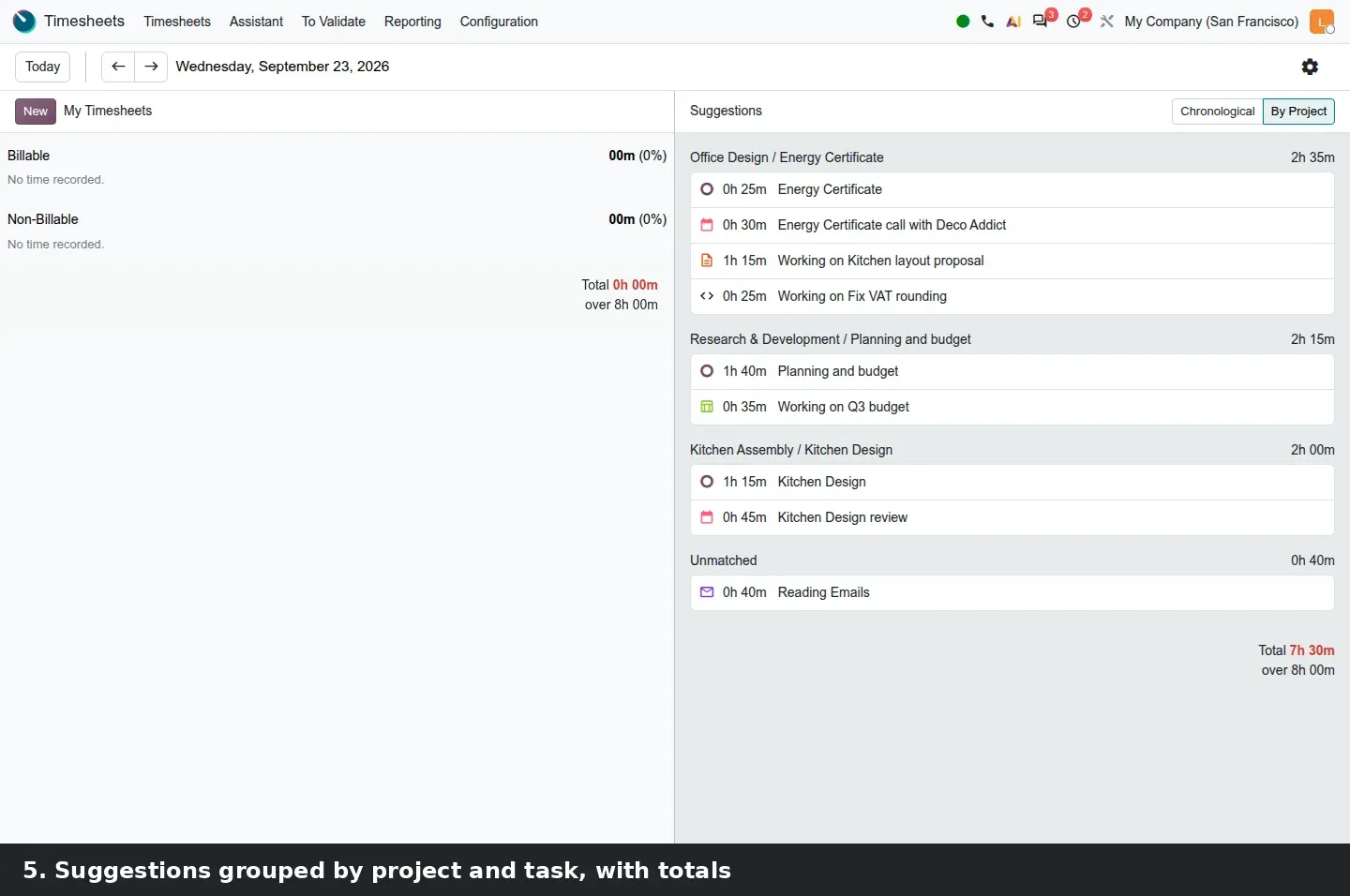 Step 2: Animated walkthrough: Timesheets > Assistant, suggestions grouped By Project with totals, then the accepted suggestion recorded as a timesheet on the left