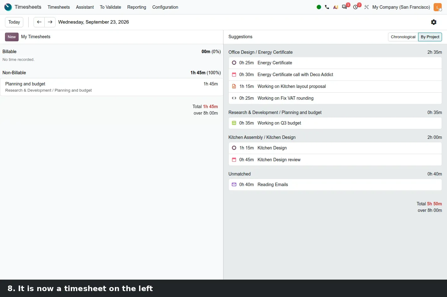 Step 3: Animated walkthrough: Timesheets > Assistant, suggestions grouped By Project with totals, then the accepted suggestion recorded as a timesheet on the left