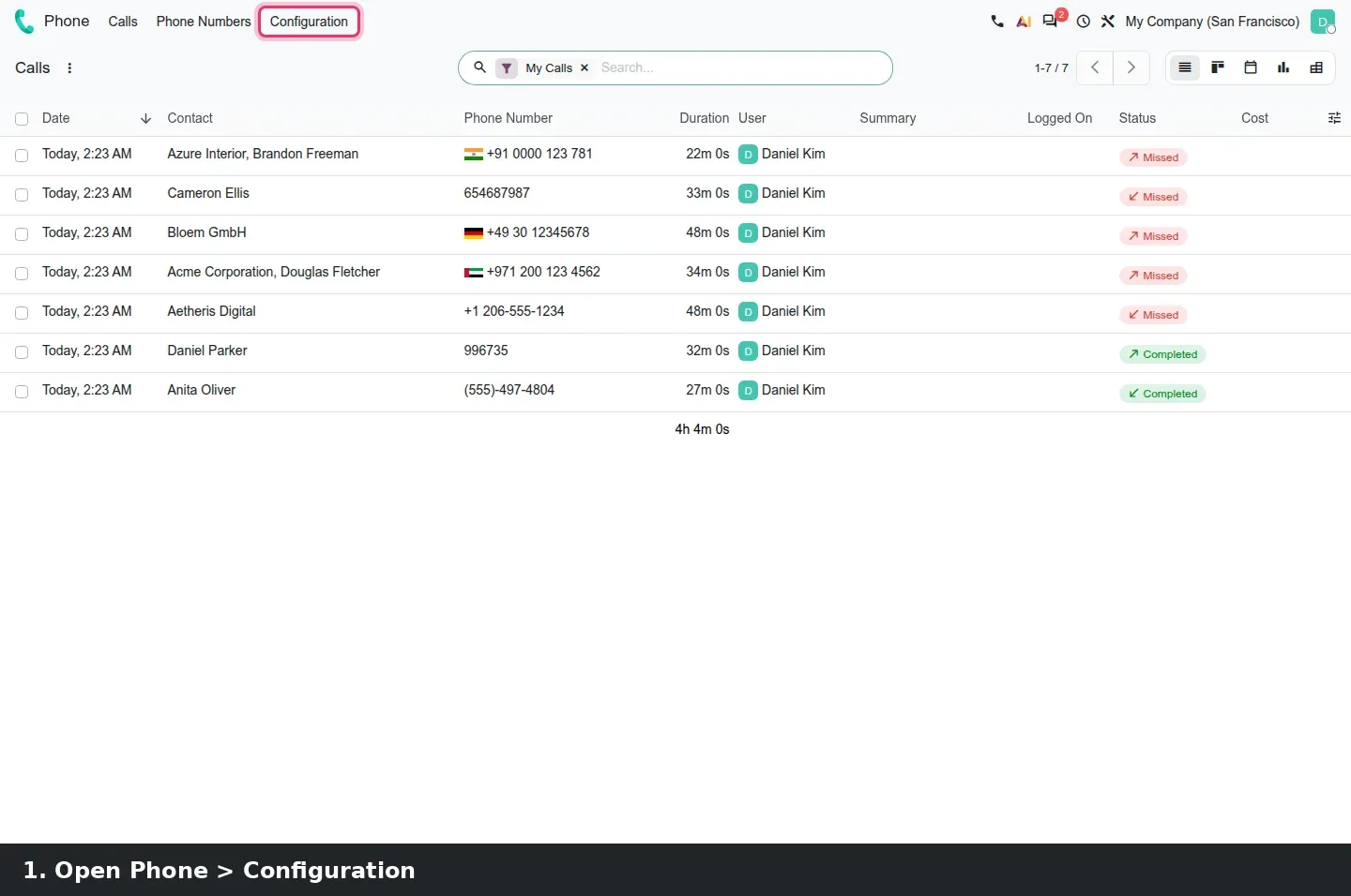 Step 1: Three steps of building a call flow: opening Phone > Configuration, picking the Office Hours time condition, and the finished graph with menu, queues and voicemail connected
