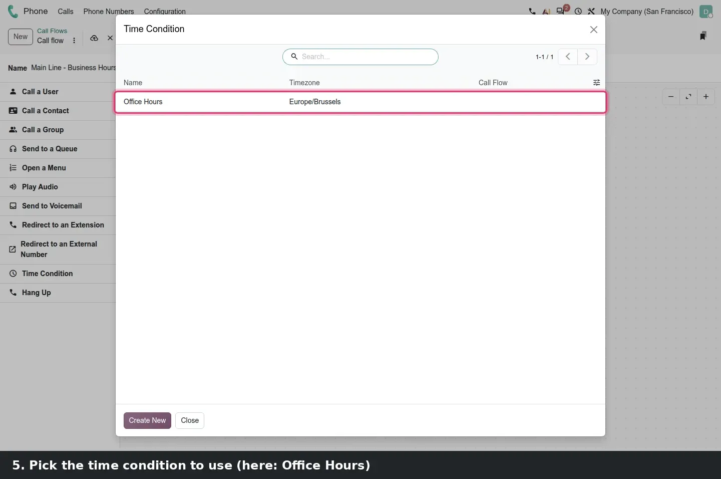 Step 2: Three steps of building a call flow: opening Phone > Configuration, picking the Office Hours time condition, and the finished graph with menu, queues and voicemail connected