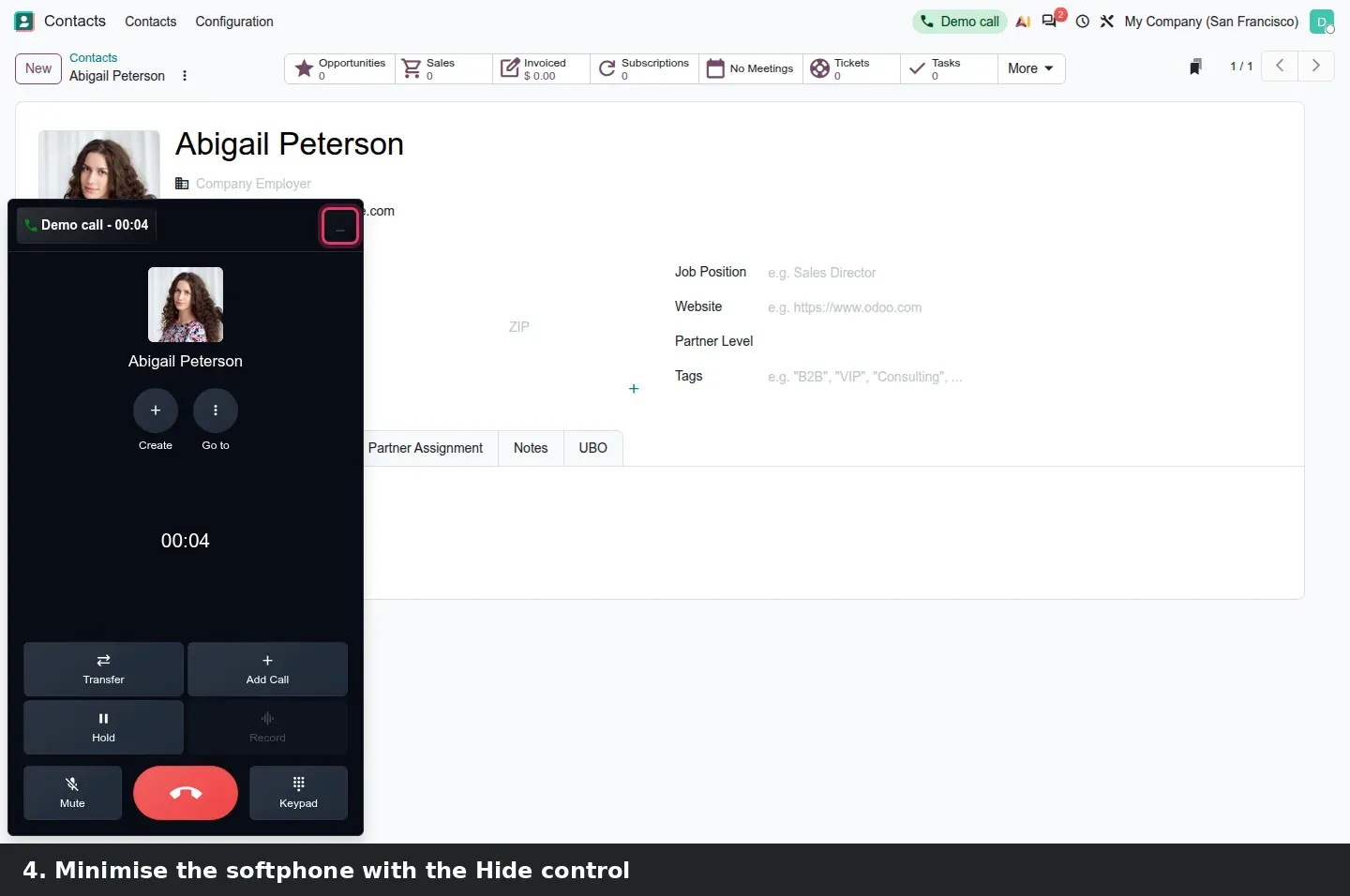 Step 2: Three steps of a demo call: the phone icon in the top bar of a contact form, the Hide control on the open softphone, and the call floating in a small picture-in-picture window