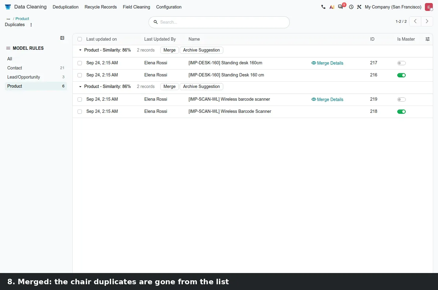 Step 3: Animated walkthrough: Data Cleaning > Configuration > Deduplication > New, pick the Product model (a warning about inventory valuation appears), add the rule Internal Reference / Exact Match, save and click Deduplicate, 3 product groups are listed, click Merge on the chair group, confirm, and the group disappears.