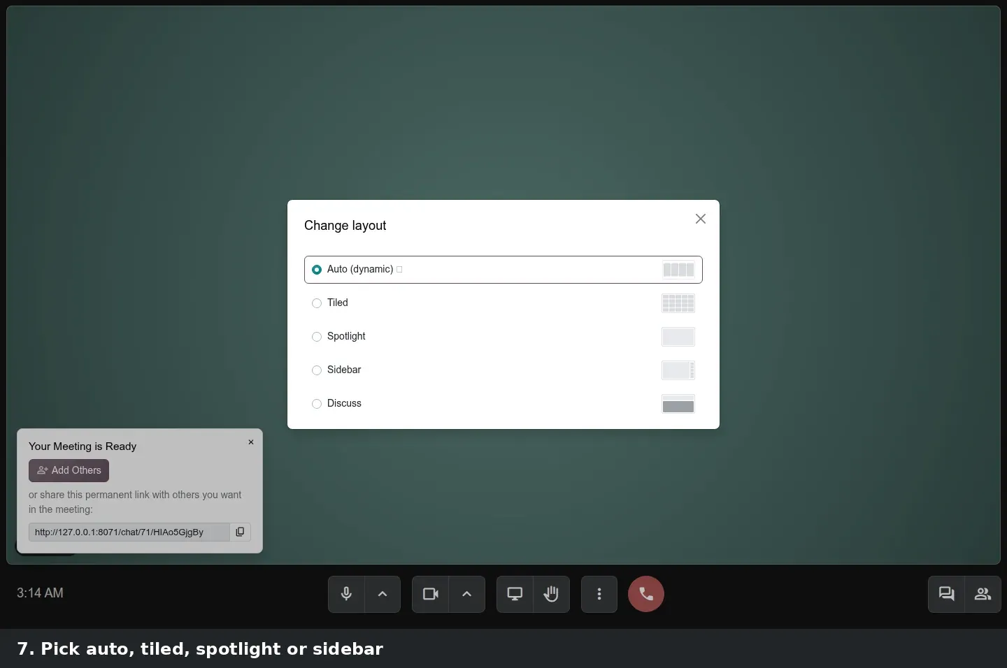 Step 3: Animated tutorial starting a meeting and changing its layout